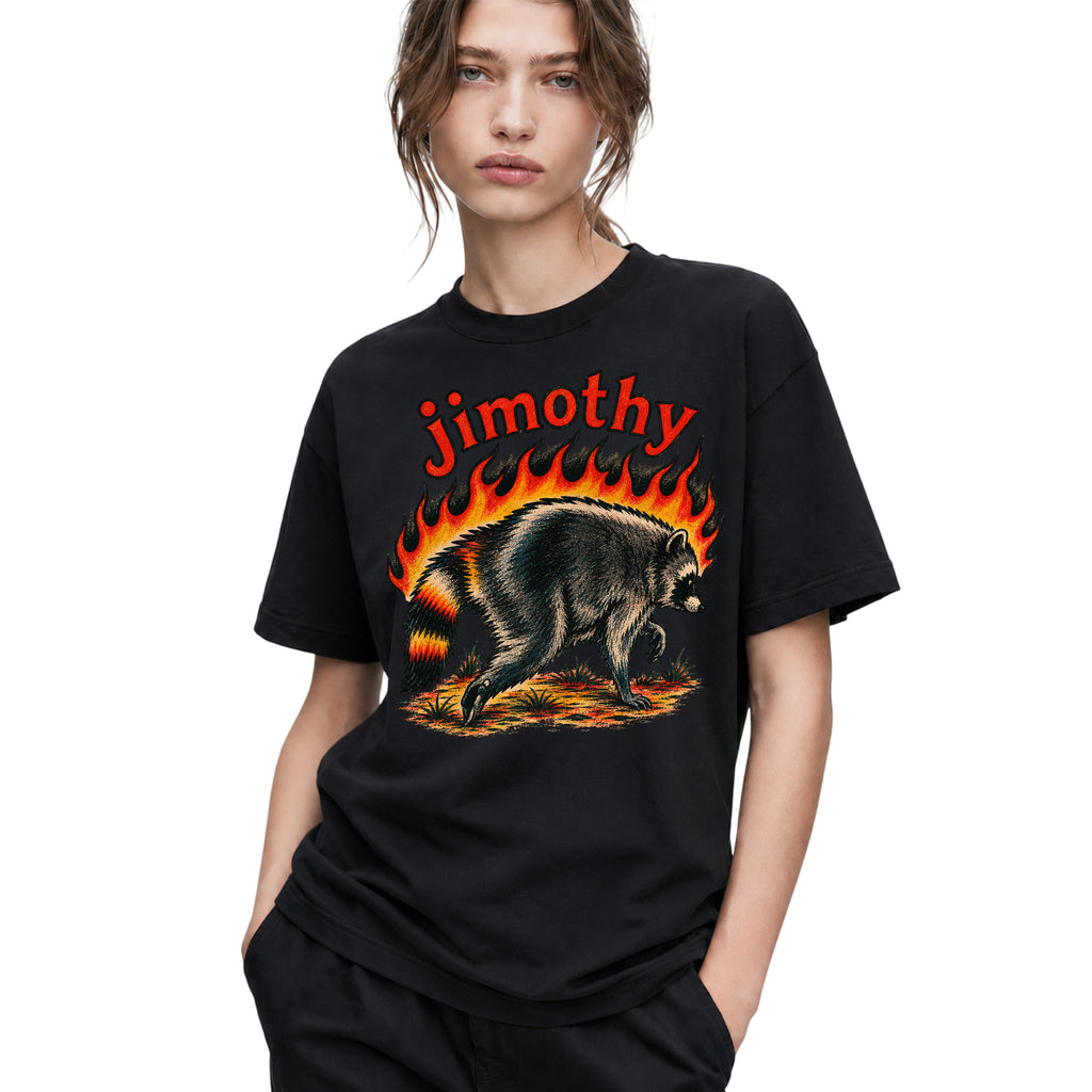 SF_COLOR=black; SF_ITEM=adult-t-shirt; SF_ROLE=gallery; Funny Jimothy Raccoon On Fire Flames Burning T-Shirt Retro Trash Panda Meme Tee - Black Adult T-Shirt product image