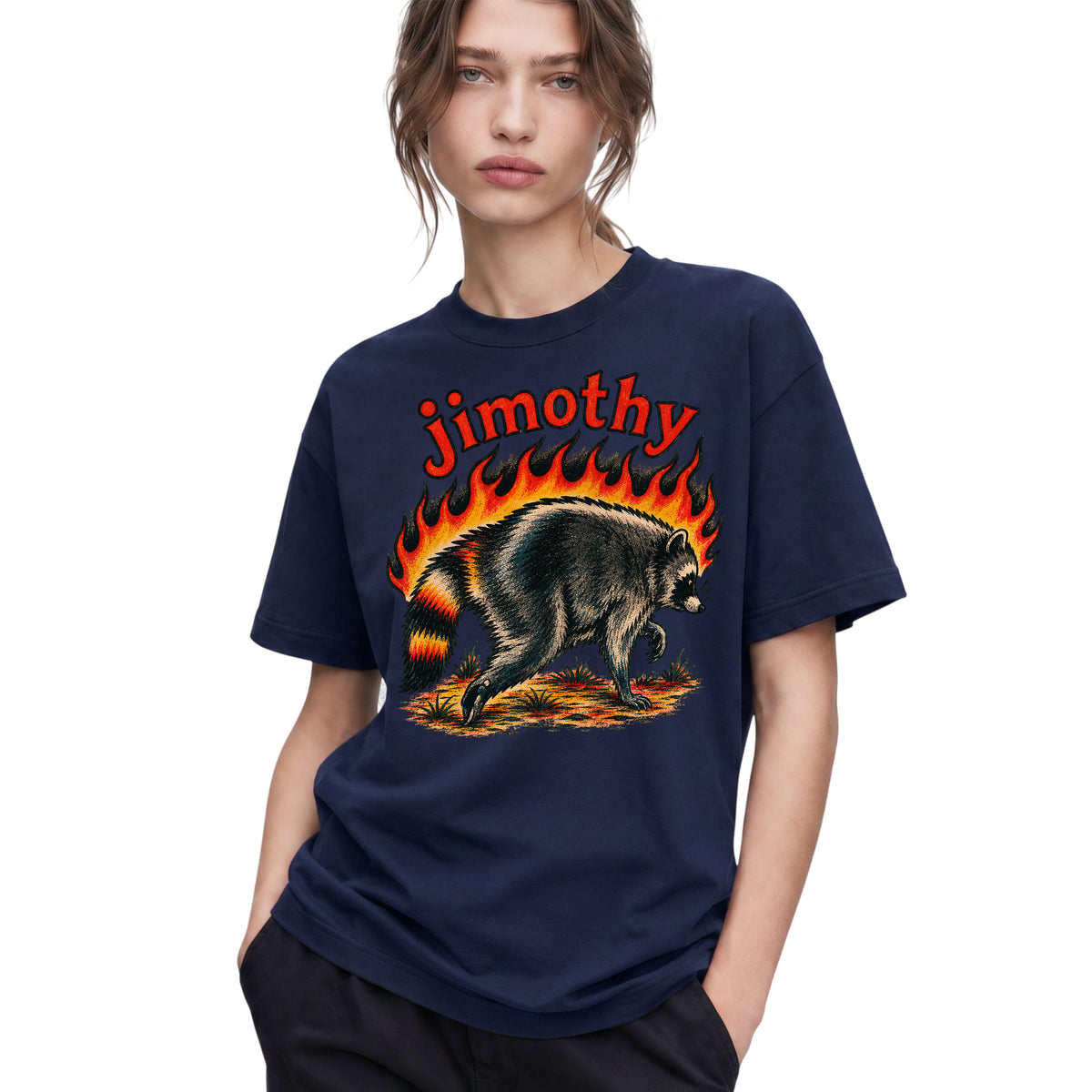 SF_COLOR=navy; SF_ITEM=adult-t-shirt; SF_ROLE=gallery; Funny Jimothy Raccoon On Fire Flames Burning T-Shirt Retro Trash Panda Meme Tee - Navy Adult T-Shirt product image