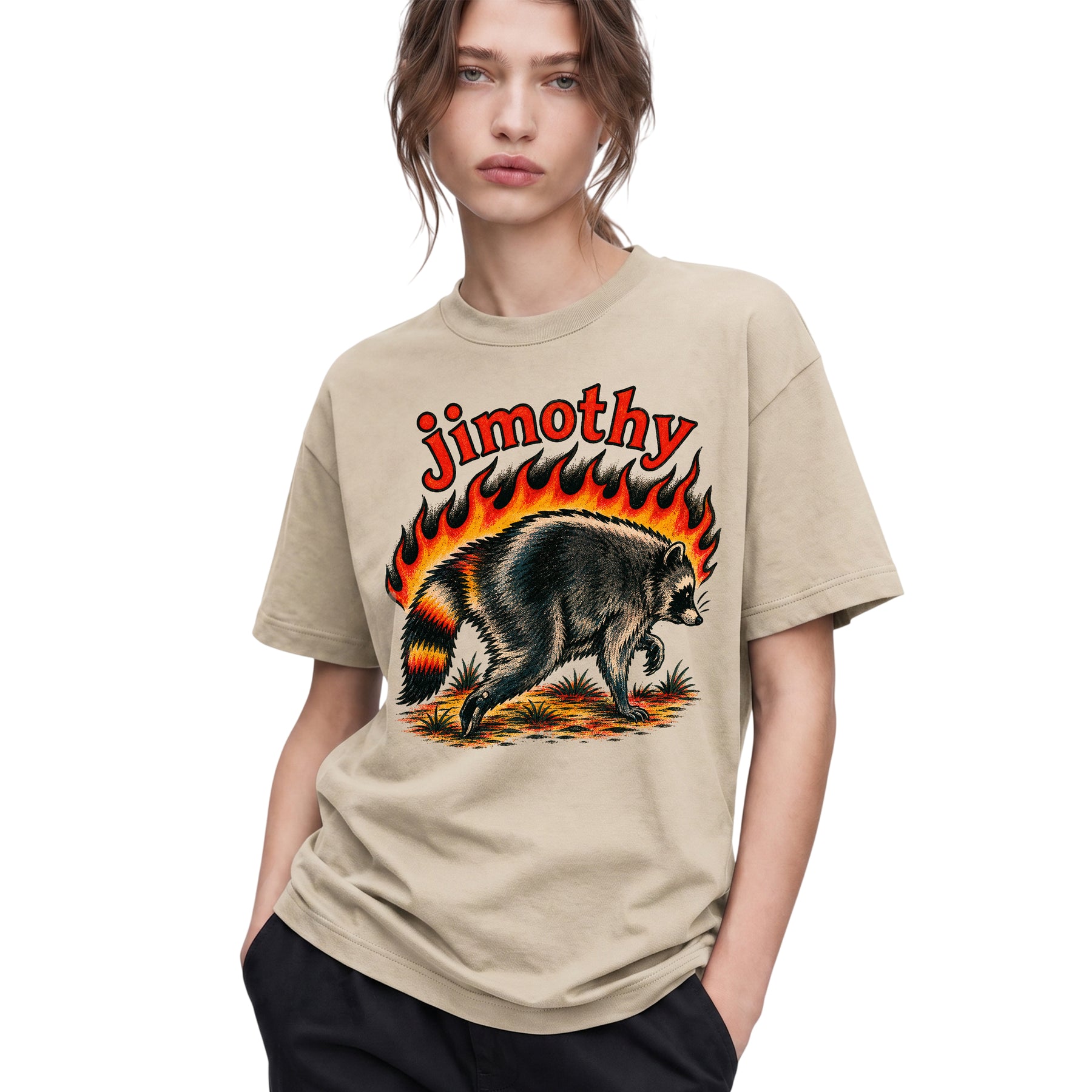 SF_COLOR=sand; SF_ITEM=adult-t-shirt; SF_ROLE=gallery; Funny Jimothy Raccoon On Fire Flames Burning T-Shirt Retro Trash Panda Meme Tee - Sand Adult T-Shirt product image