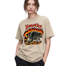 SF_COLOR=sand; SF_ITEM=adult-t-shirt; SF_ROLE=gallery; Funny Jimothy Raccoon On Fire Flames Burning T-Shirt Retro Trash Panda Meme Tee - Sand Adult T-Shirt product image