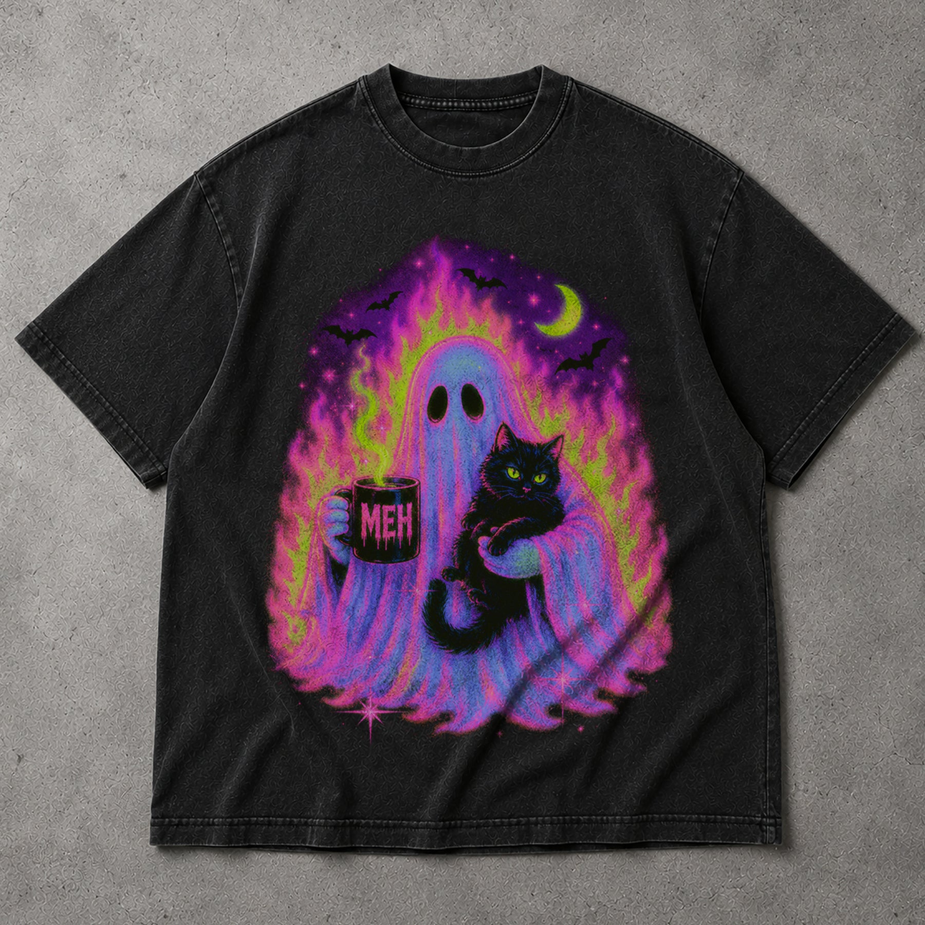 SF_COLOR=black; SF_ITEM=adult-t-shirt; SF_ROLE=main; Funny Meh Ghost Cat T-Shirt Spooky Coffee Halloween Introvert Humor Tee - Black Adult T-Shirt product image