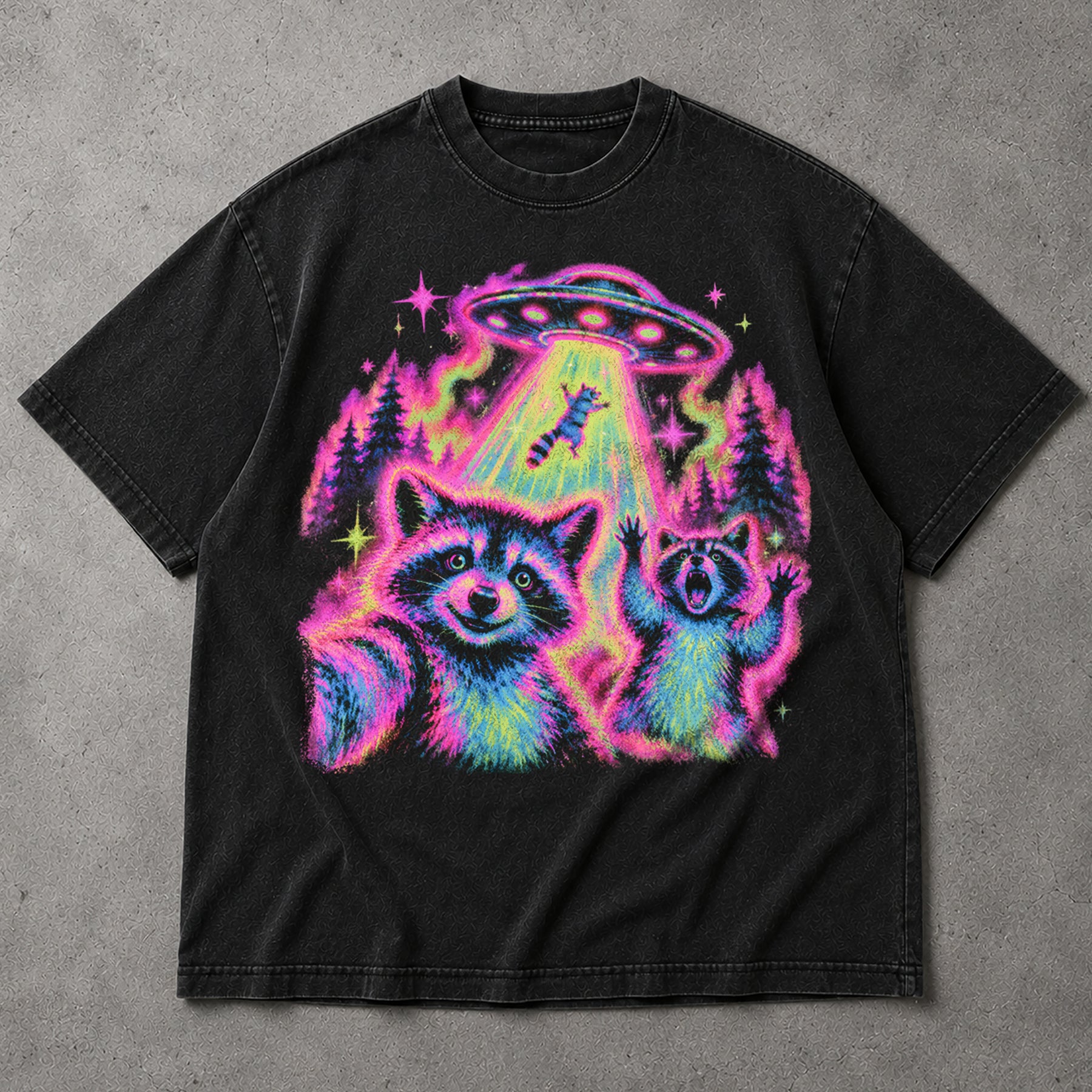 SF_COLOR=black; SF_ITEM=adult-t-shirt; SF_ROLE=main; Funny Raccoons UFO Abduction Selfie T-Shirt Neon Alien Tractor Beam Tee - Black Adult T-Shirt product image