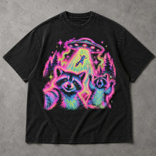 SF_COLOR=black; SF_ITEM=adult-t-shirt; SF_ROLE=main; Funny Raccoons UFO Abduction Selfie T-Shirt Neon Alien Tractor Beam Tee - Black Adult T-Shirt product image