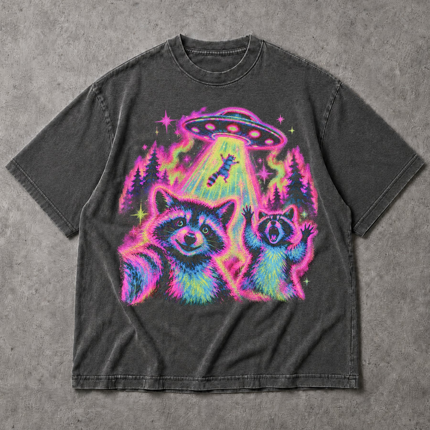 SF_COLOR=dark-heather; SF_ITEM=adult-t-shirt; SF_ROLE=main; Funny Raccoons UFO Abduction Selfie T-Shirt Neon Alien Tractor Beam Tee - Dark Heather Adult T-Shirt product image