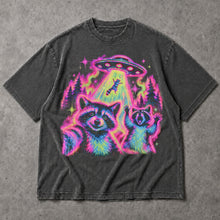 SF_COLOR=dark-heather; SF_ITEM=adult-t-shirt; SF_ROLE=main; Funny Raccoons UFO Abduction Selfie T-Shirt Neon Alien Tractor Beam Tee - Dark Heather Adult T-Shirt product image