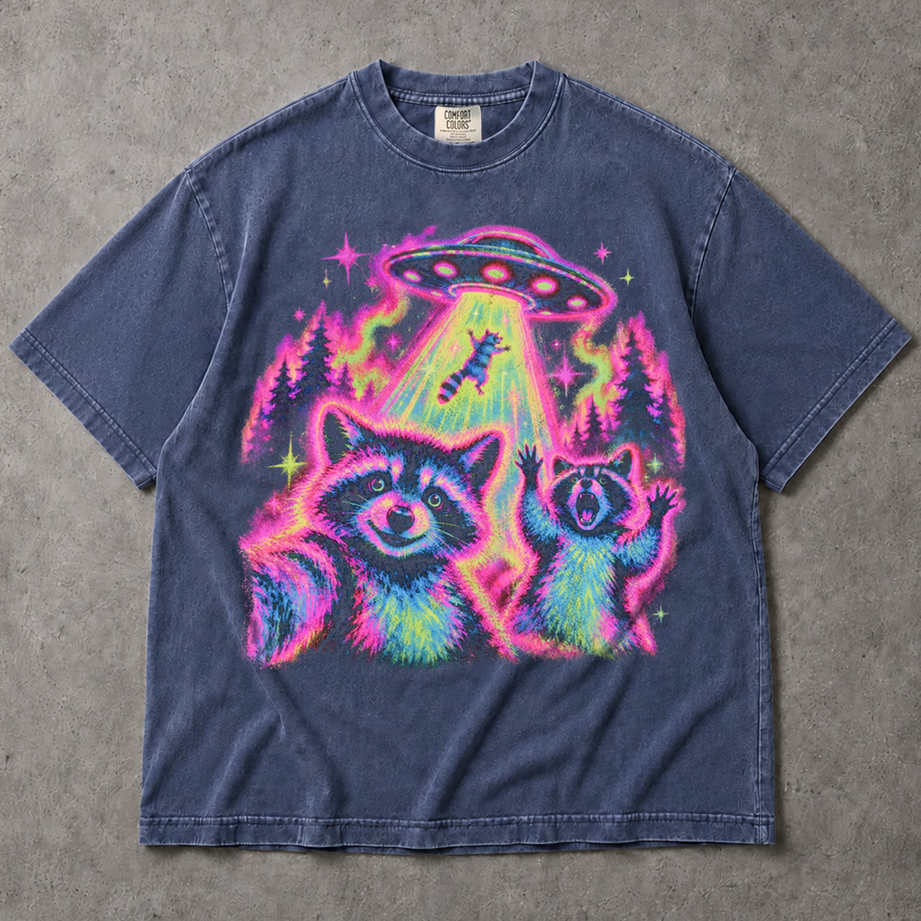 SF_COLOR=sport-grey|denim; SF_ITEM=adult-t-shirt; SF_ROLE=main; Funny Raccoons UFO Abduction Selfie T-Shirt Neon Alien Tractor Beam Tee - Sport Grey, Denim Adult T-Shirt product image