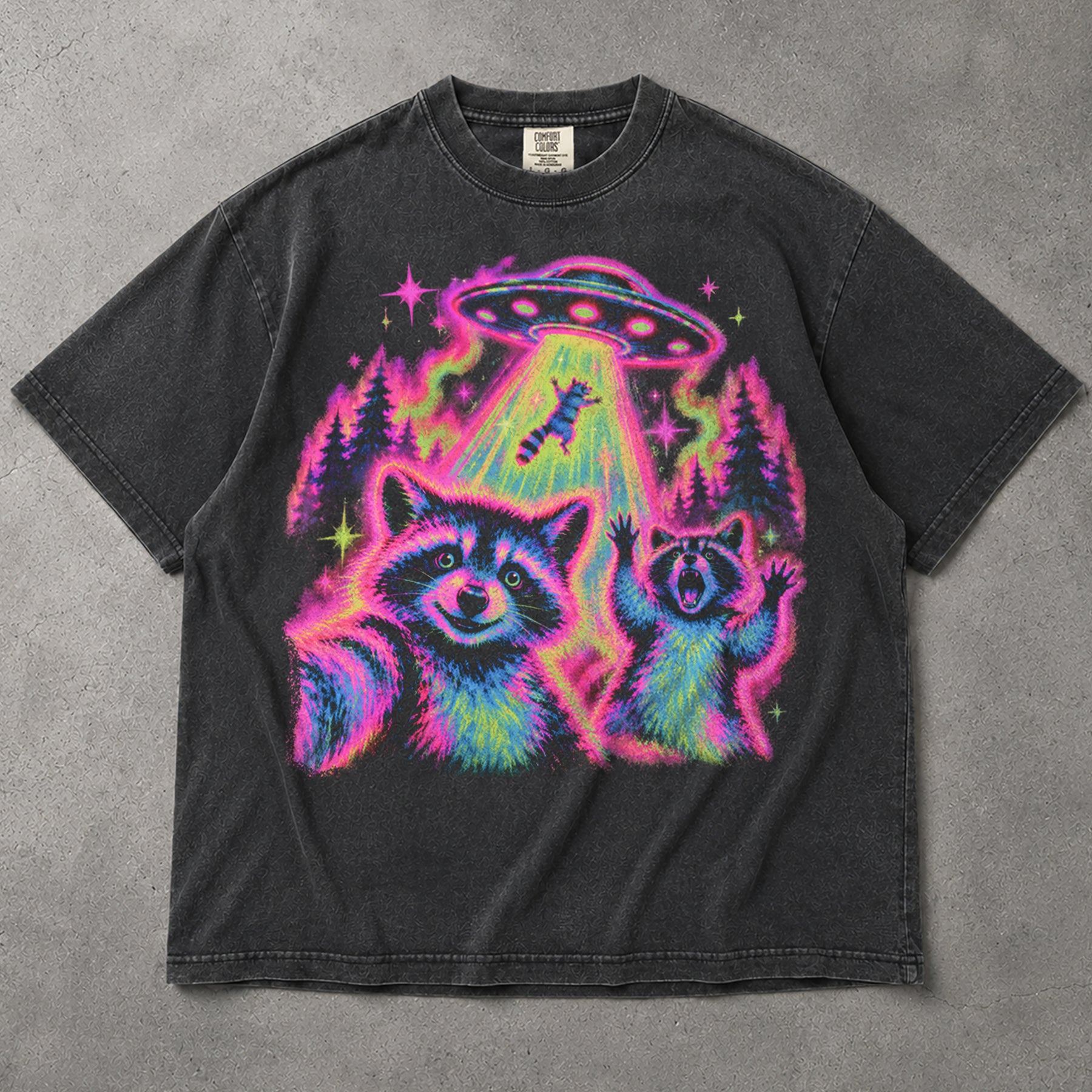 SF_COLOR=graphite; SF_ITEM=adult-t-shirt; SF_ROLE=main; Funny Raccoons UFO Abduction Selfie T-Shirt Neon Alien Tractor Beam Tee - Graphite Adult T-Shirt product image