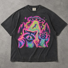 SF_COLOR=graphite; SF_ITEM=adult-t-shirt; SF_ROLE=main; Funny Raccoons UFO Abduction Selfie T-Shirt Neon Alien Tractor Beam Tee - Graphite Adult T-Shirt product image