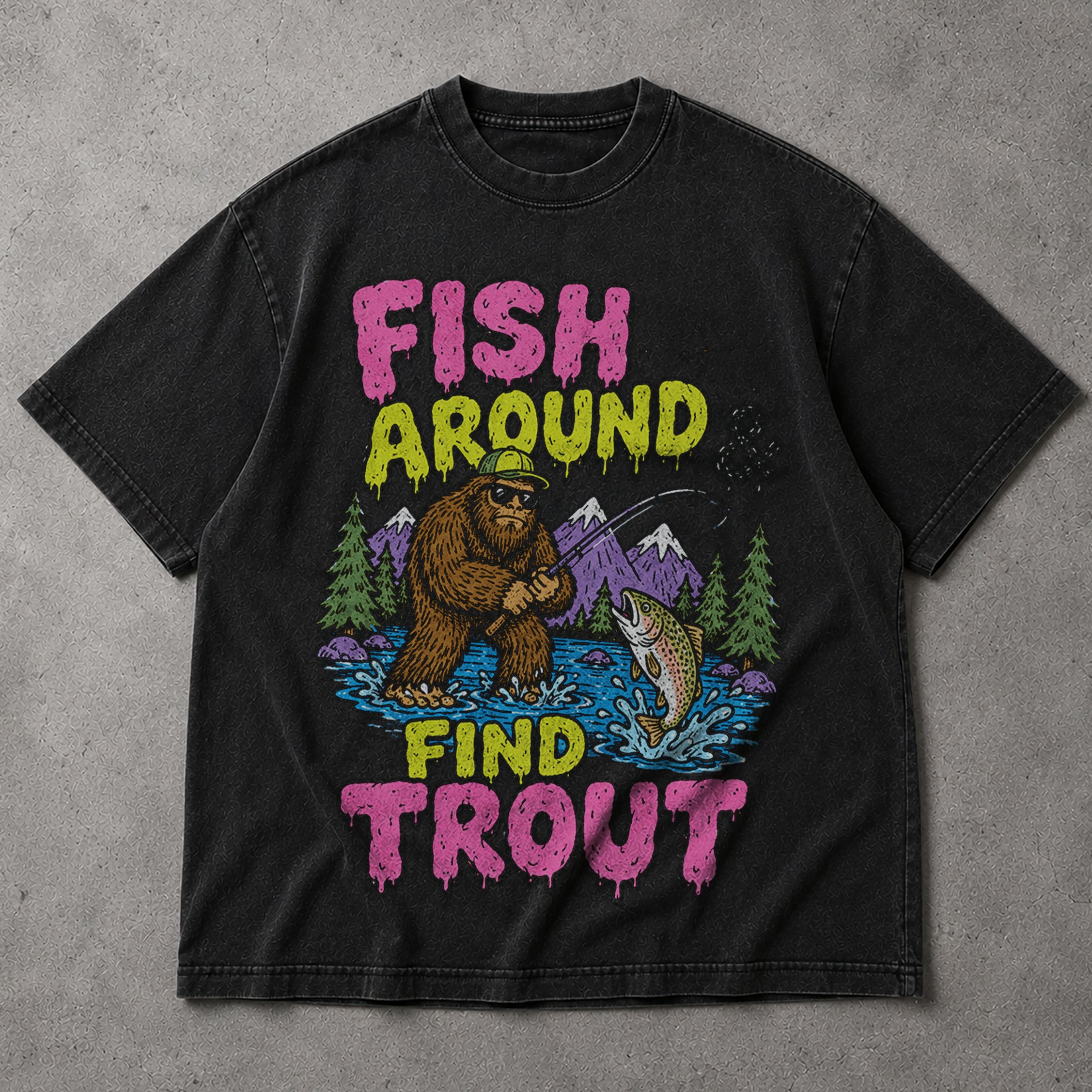 SF_COLOR=black; SF_ITEM=adult-t-shirt; SF_ROLE=main; Funny Sasquatch Fishing T-Shirt Fish Around And Find Trout Humor Nature Apparel - Black Adult T-Shirt product image