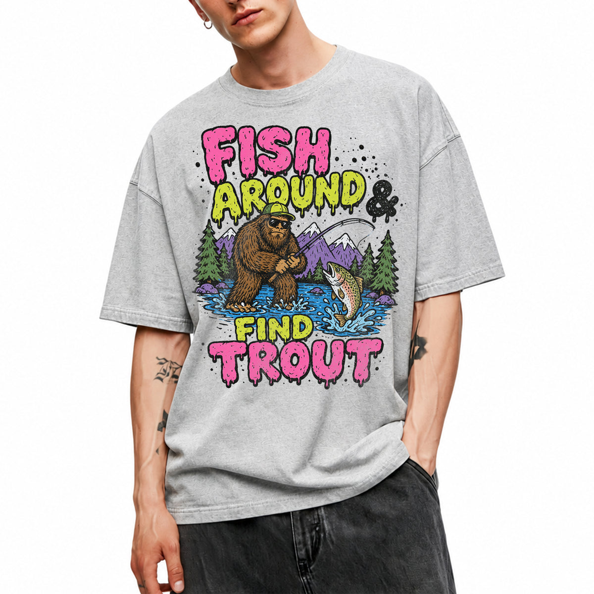 SF_COLOR=sport-grey; SF_ITEM=adult-t-shirt; SF_ROLE=gallery; Funny Sasquatch Fishing T-Shirt Fish Around And Find Trout Humor Nature Apparel - Sport Grey Adult T-Shirt product image