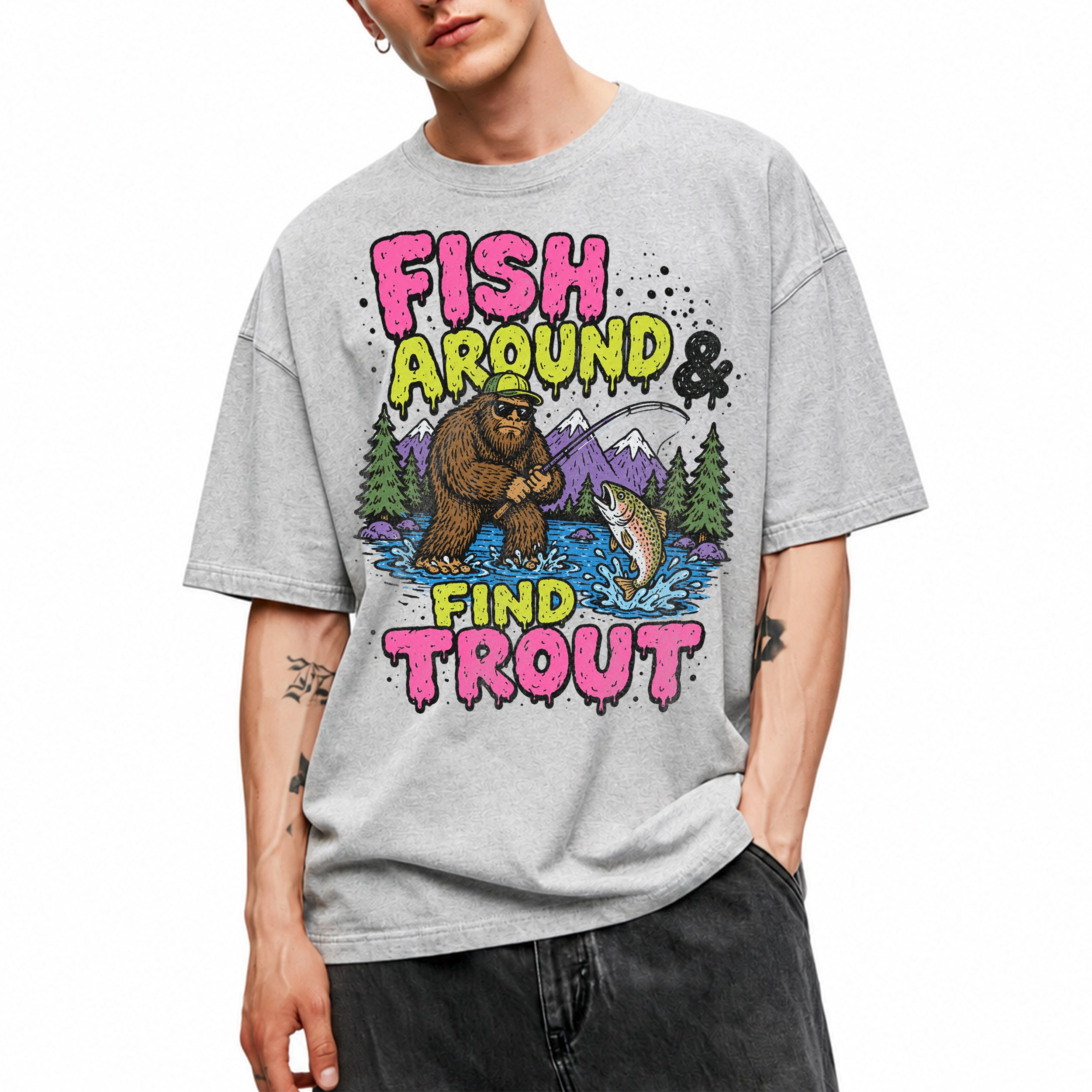 SF_COLOR=sport-grey; SF_ITEM=adult-t-shirt; SF_ROLE=gallery; Funny Sasquatch Fishing T-Shirt Fish Around And Find Trout Humor Nature Apparel - Sport Grey Adult T-Shirt product image