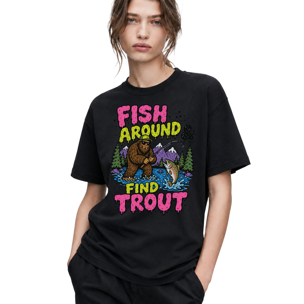 SF_COLOR=black; SF_ITEM=adult-t-shirt; SF_ROLE=gallery; Funny Sasquatch Fishing T-Shirt Fish Around And Find Trout Humor Nature Apparel - Black Adult T-Shirt product image