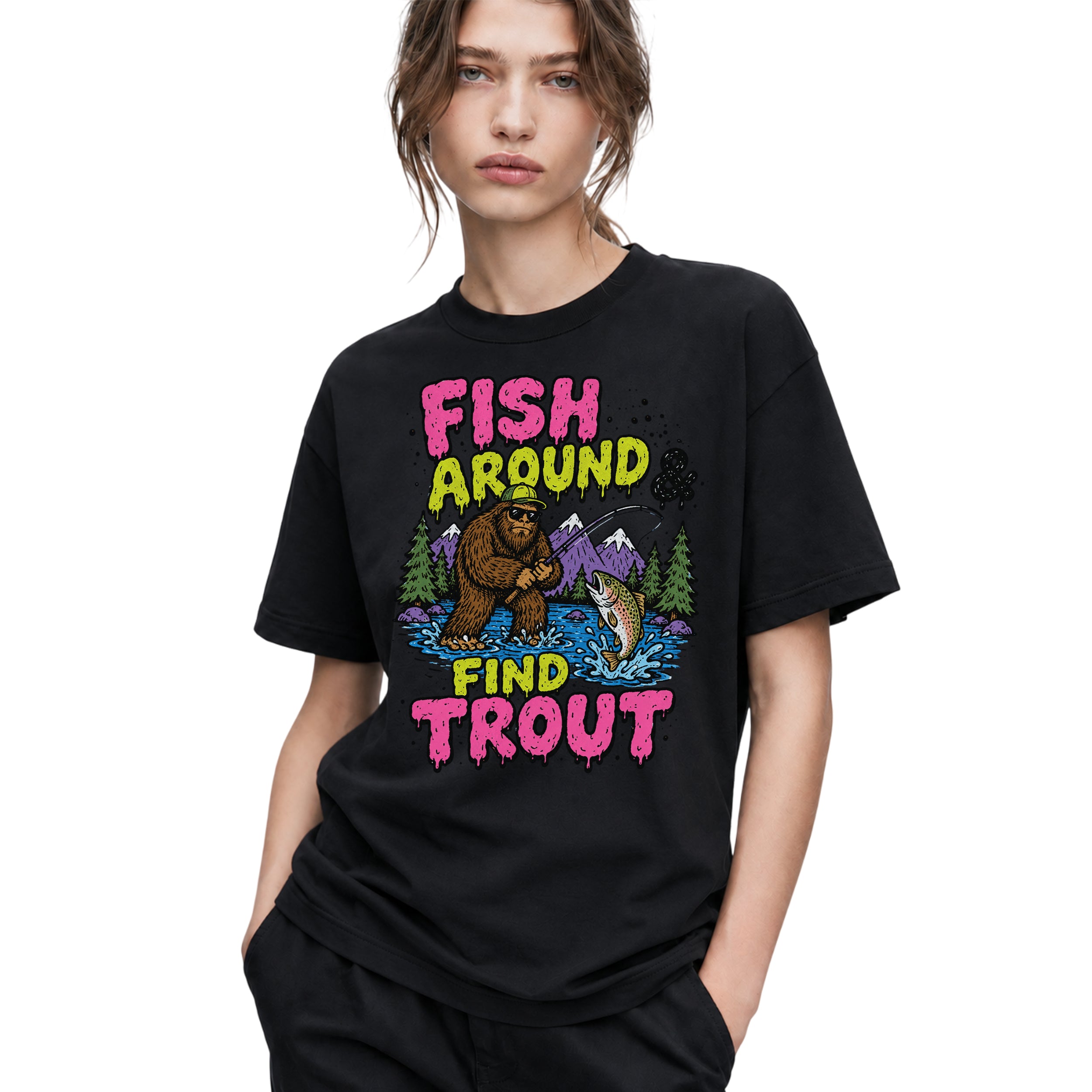 SF_COLOR=black; SF_ITEM=adult-t-shirt; SF_ROLE=gallery; Funny Sasquatch Fishing T-Shirt Fish Around And Find Trout Humor Nature Apparel - Black Adult T-Shirt product image
