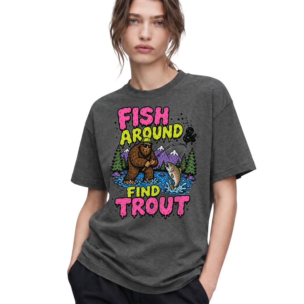 SF_COLOR=dark-heather; SF_ITEM=adult-t-shirt; SF_ROLE=gallery; Funny Sasquatch Fishing T-Shirt Fish Around And Find Trout Humor Nature Apparel - Dark Heather Adult T-Shirt product image