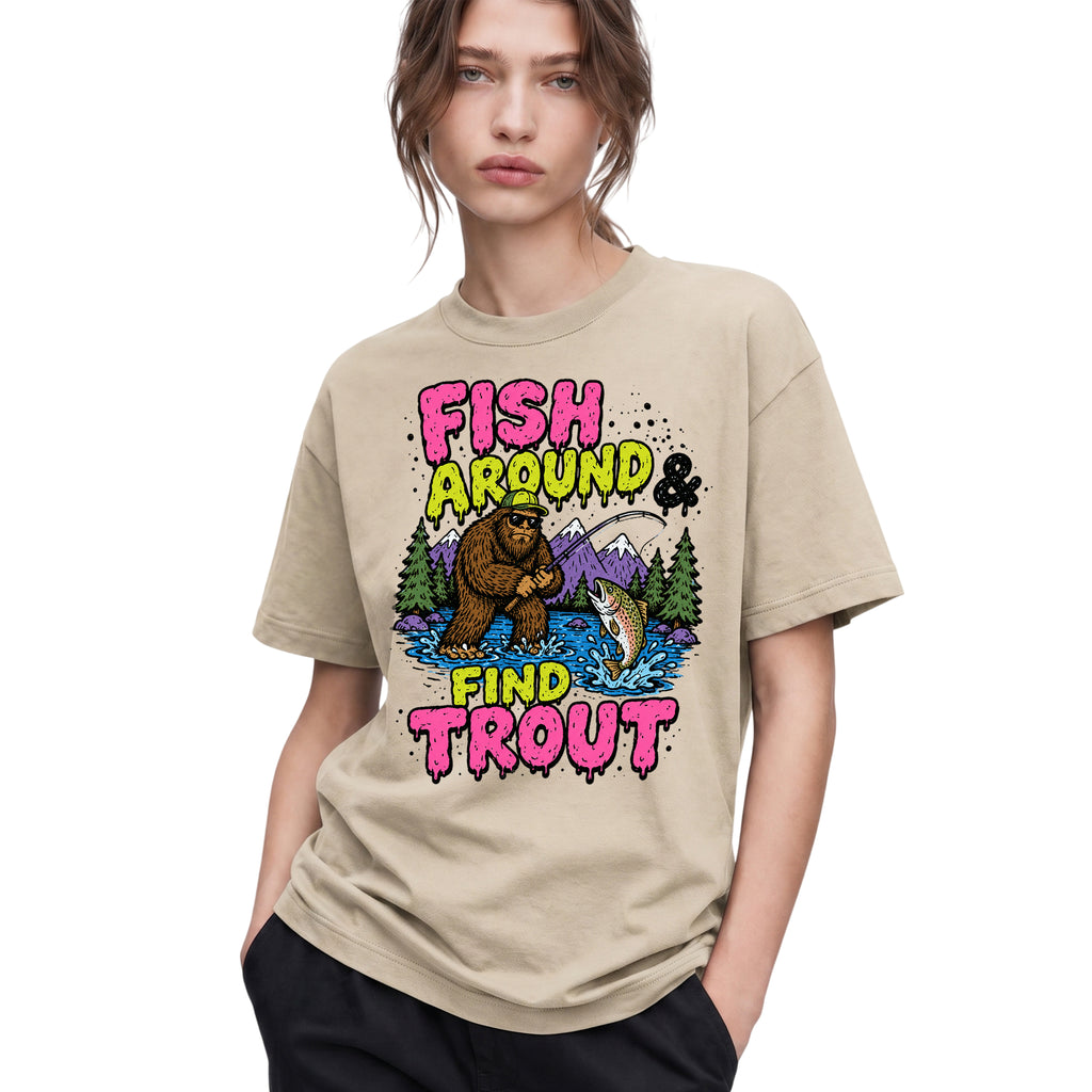 SF_COLOR=sand; SF_ITEM=adult-t-shirt; SF_ROLE=gallery; Funny Sasquatch Fishing T-Shirt Fish Around And Find Trout Humor Nature Apparel - Sand Adult T-Shirt product image