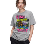 SF_COLOR=sport-grey; SF_ITEM=adult-t-shirt; SF_ROLE=gallery; Funny Sasquatch Fishing T-Shirt Fish Around And Find Trout Humor Nature Apparel - Sport Grey Adult T-Shirt product image