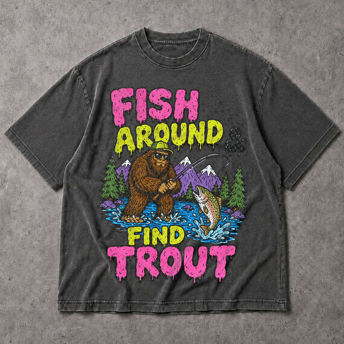 SF_COLOR=dark-heather; SF_ITEM=adult-t-shirt; SF_ROLE=main; Funny Sasquatch Fishing T-Shirt Fish Around And Find Trout Humor Nature Apparel - Dark Heather Adult T-Shirt product image
