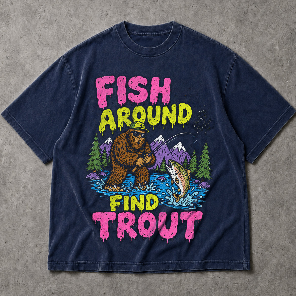SF_COLOR=navy; SF_ITEM=adult-t-shirt; SF_ROLE=main; Funny Sasquatch Fishing T-Shirt Fish Around And Find Trout Humor Nature Apparel - Navy Adult T-Shirt product image