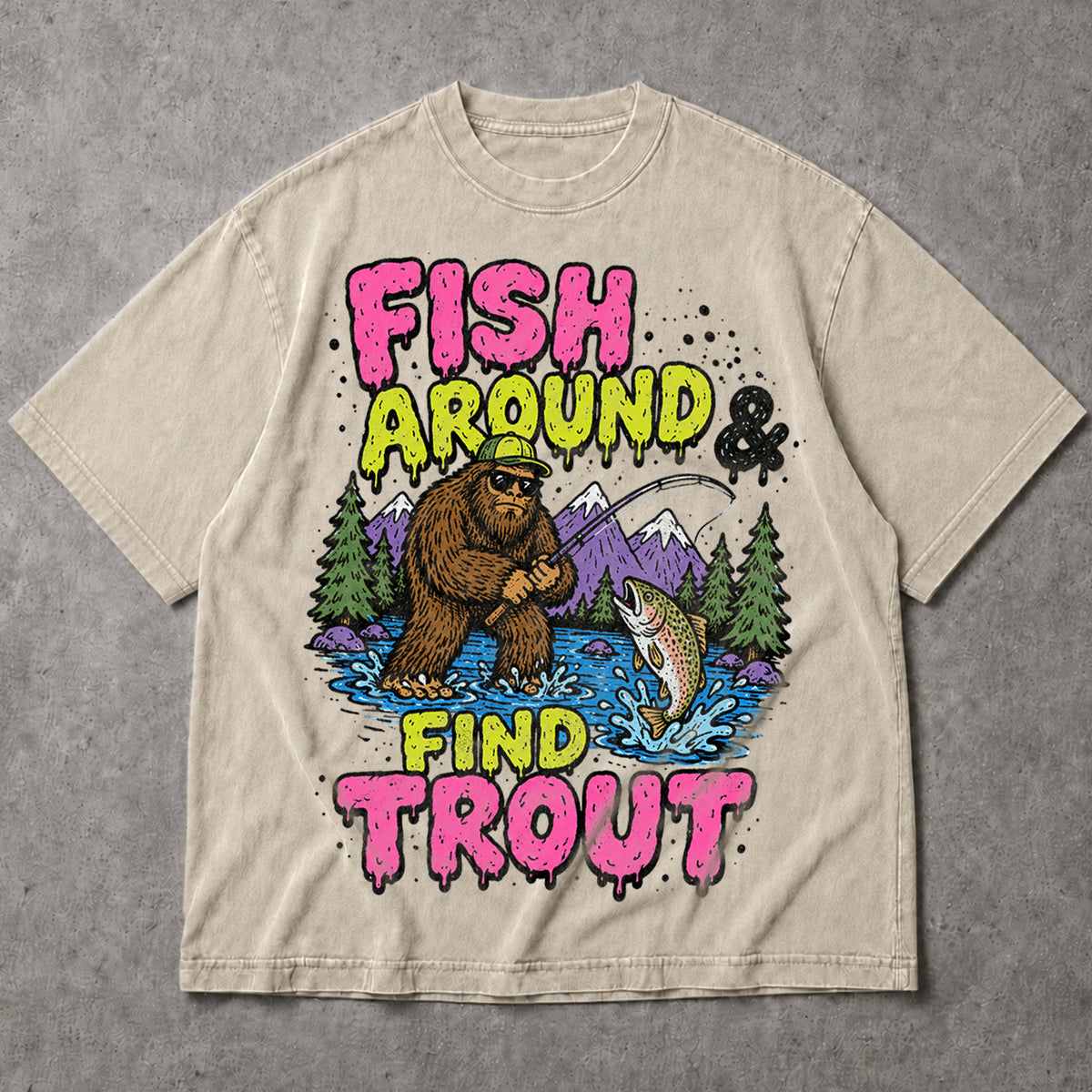 SF_COLOR=sand; SF_ITEM=adult-t-shirt; SF_ROLE=main; Funny Sasquatch Fishing T-Shirt Fish Around And Find Trout Humor Nature Apparel - Sand Adult T-Shirt product image