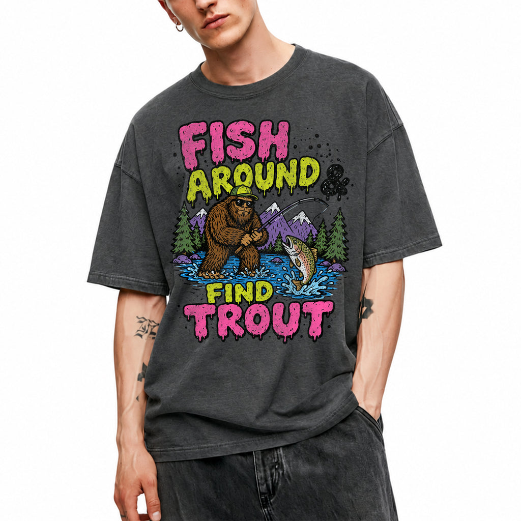 SF_COLOR=dark-heather; SF_ITEM=adult-t-shirt; SF_ROLE=gallery; Funny Sasquatch Fishing T-Shirt Fish Around And Find Trout Humor Nature Apparel - Dark Heather Adult T-Shirt product image