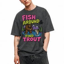SF_COLOR=dark-heather; SF_ITEM=adult-t-shirt; SF_ROLE=gallery; Funny Sasquatch Fishing T-Shirt Fish Around And Find Trout Humor Nature Apparel - Dark Heather Adult T-Shirt product image