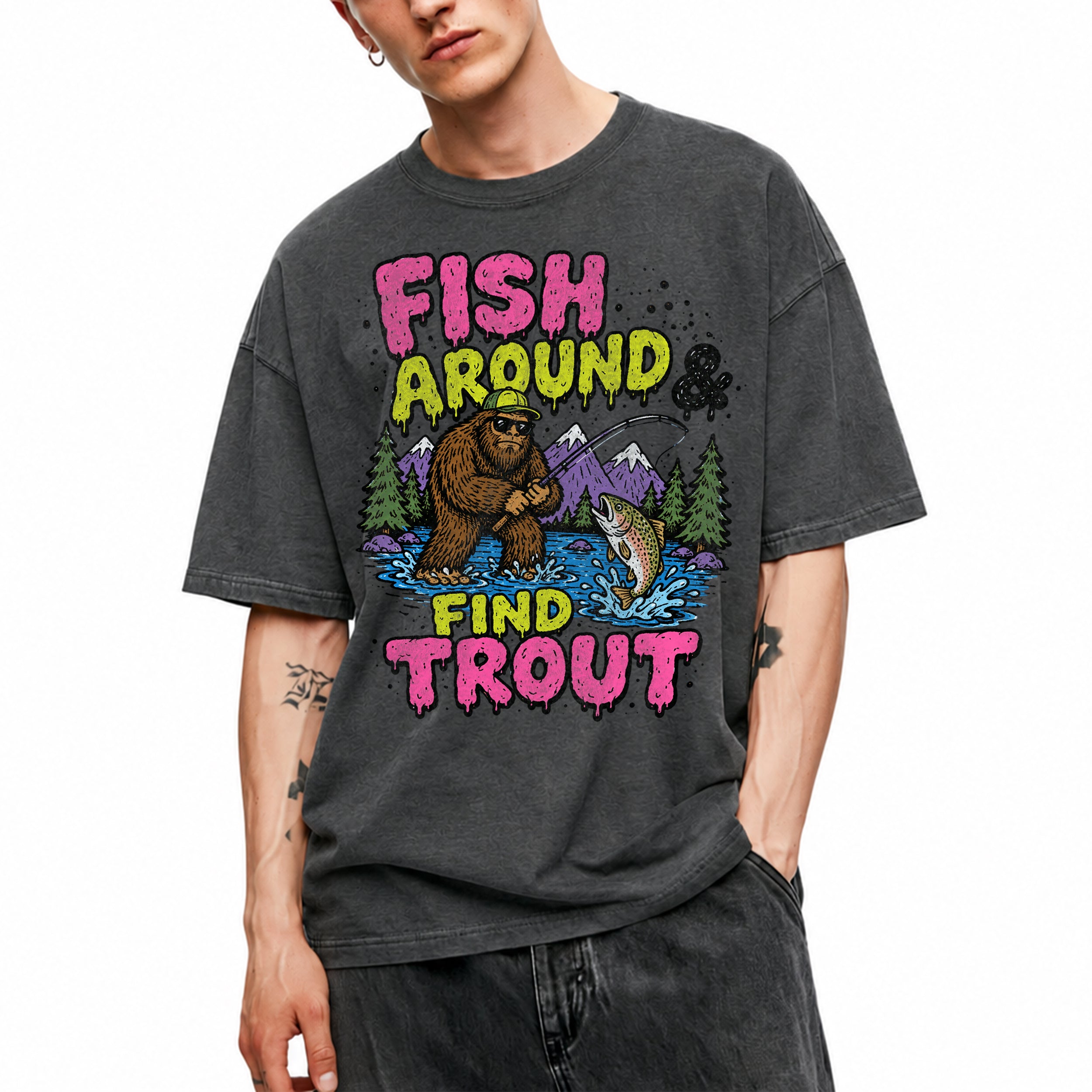 SF_COLOR=dark-heather; SF_ITEM=adult-t-shirt; SF_ROLE=gallery; Funny Sasquatch Fishing T-Shirt Fish Around And Find Trout Humor Nature Apparel - Dark Heather Adult T-Shirt product image