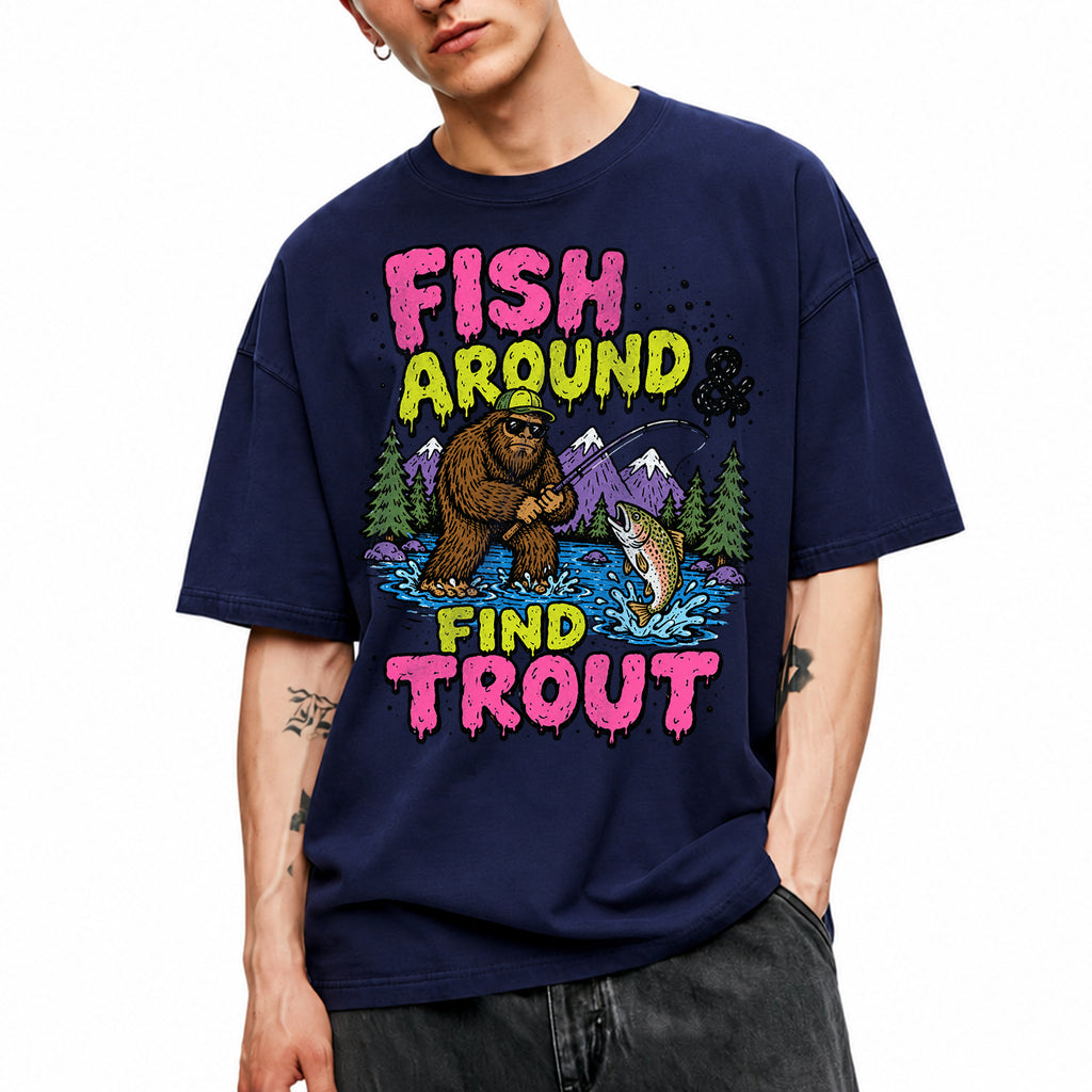 SF_COLOR=navy; SF_ITEM=adult-t-shirt; SF_ROLE=gallery; Funny Sasquatch Fishing T-Shirt Fish Around And Find Trout Humor Nature Apparel - Navy Adult T-Shirt product image