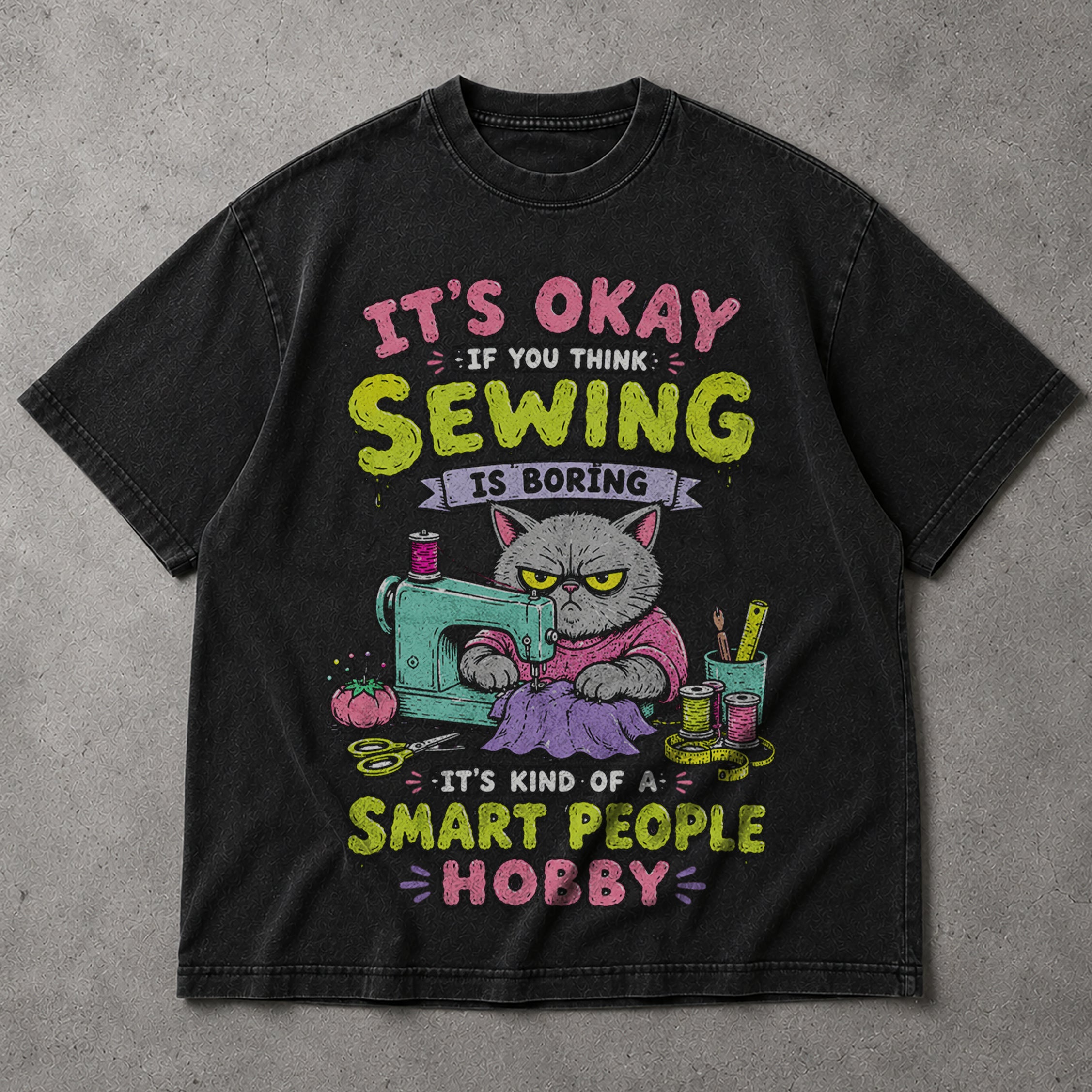 SF_COLOR=black; SF_ITEM=adult-t-shirt; SF_ROLE=main; Funny Sewing Cat T-Shirt Smart People Hobby Sarcastic Crafter Joke Apparel - Black Adult T-Shirt product image