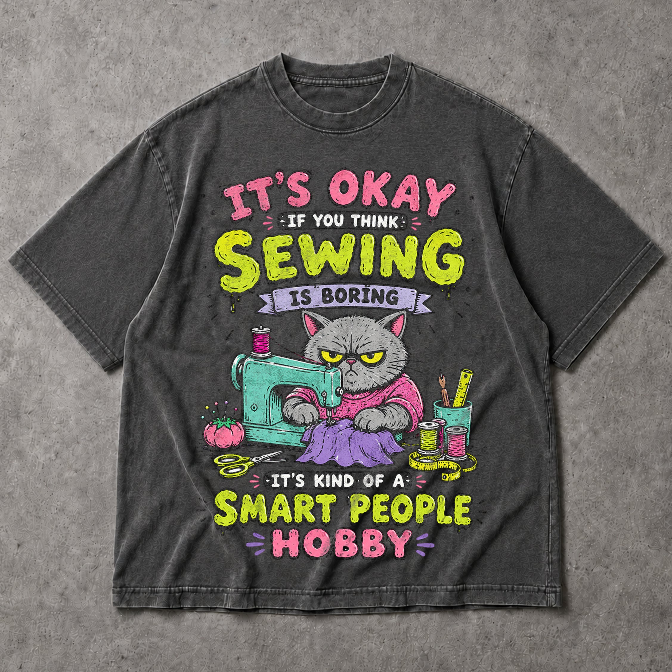 SF_COLOR=dark-heather; SF_ITEM=adult-t-shirt; SF_ROLE=main; Funny Sewing Cat T-Shirt Smart People Hobby Sarcastic Crafter Joke Apparel - Dark Heather Adult T-Shirt product image