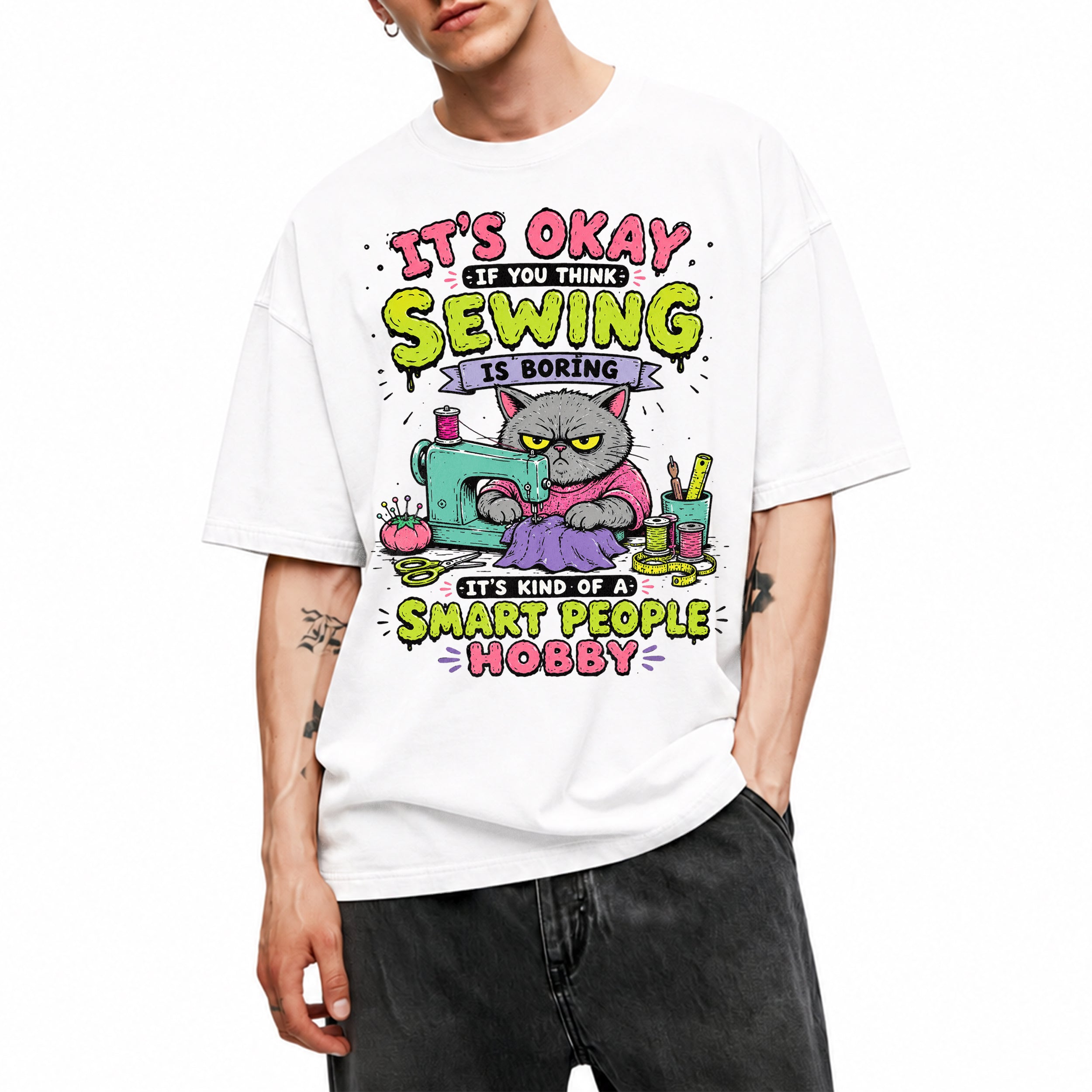 SF_COLOR=white; SF_ITEM=adult-t-shirt; SF_ROLE=gallery; Funny Sewing Cat T-Shirt Smart People Hobby Sarcastic Crafter Joke Apparel - White Adult T-Shirt product image