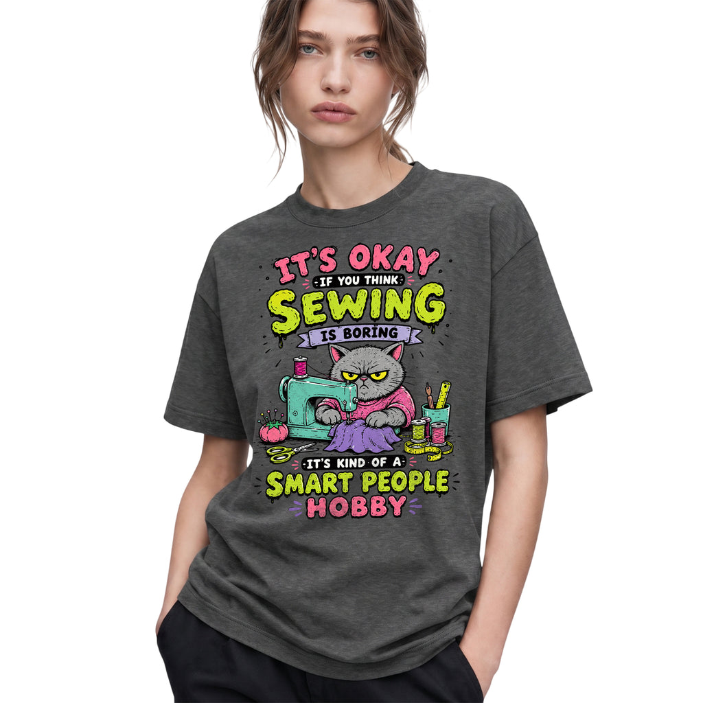 SF_COLOR=dark-heather; SF_ITEM=adult-t-shirt; SF_ROLE=gallery; Funny Sewing Cat T-Shirt Smart People Hobby Sarcastic Crafter Joke Apparel - Dark Heather Adult T-Shirt product image