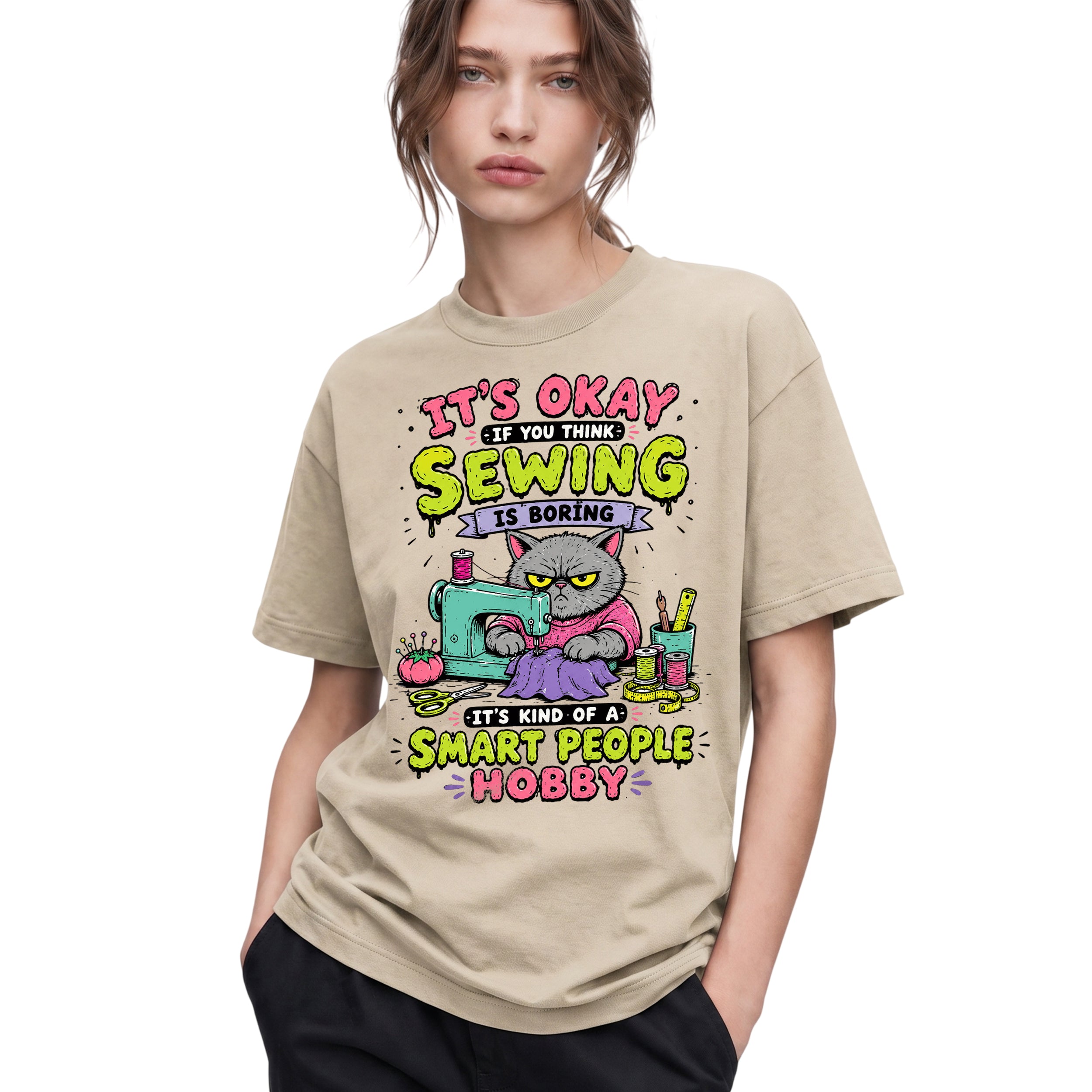 SF_COLOR=sand; SF_ITEM=adult-t-shirt; SF_ROLE=gallery; Funny Sewing Cat T-Shirt Smart People Hobby Sarcastic Crafter Joke Apparel - Sand Adult T-Shirt product image