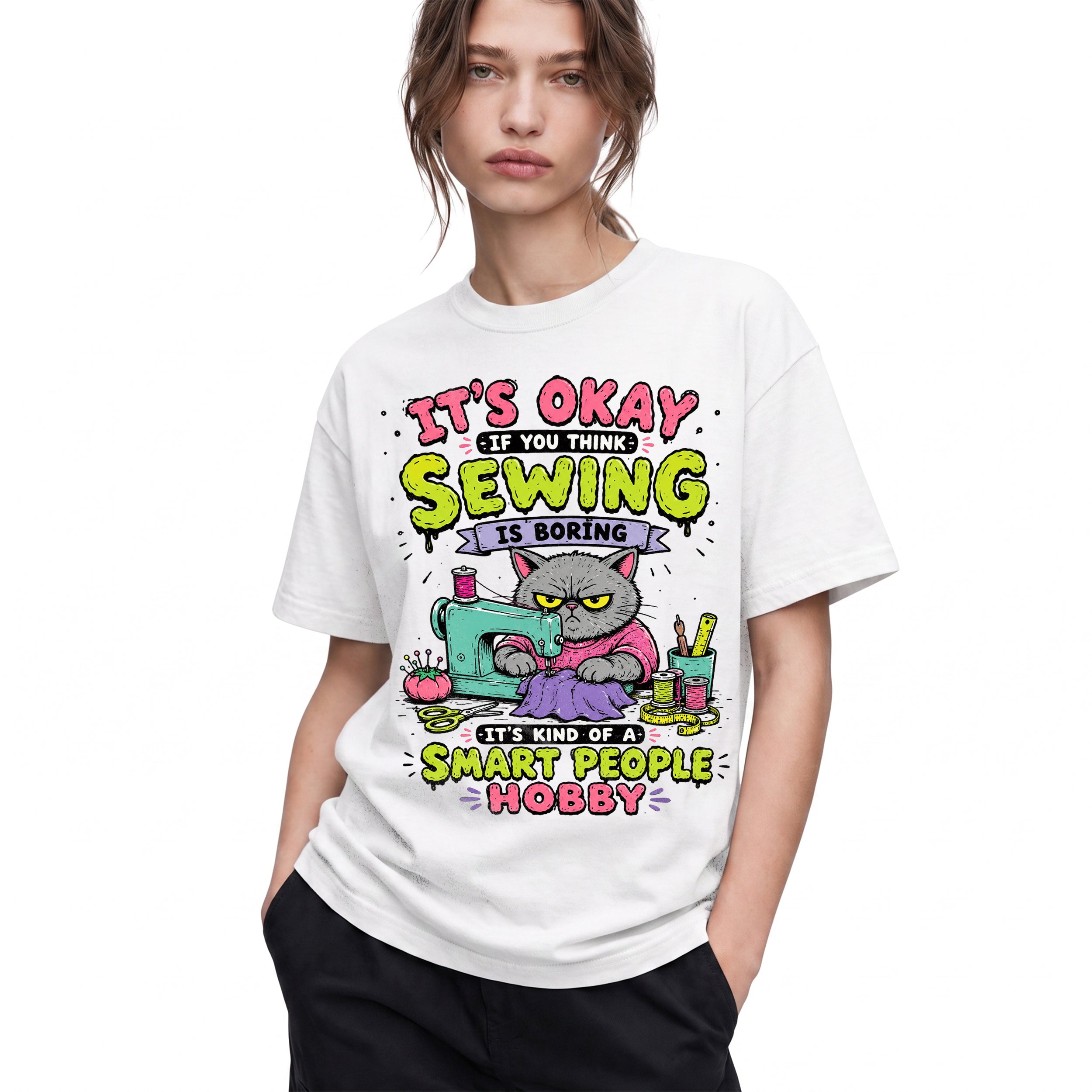 SF_COLOR=white; SF_ITEM=adult-t-shirt; SF_ROLE=gallery; Funny Sewing Cat T-Shirt Smart People Hobby Sarcastic Crafter Joke Apparel - White Adult T-Shirt product image