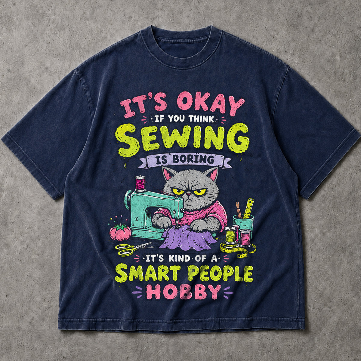 SF_COLOR=navy; SF_ITEM=adult-t-shirt; SF_ROLE=main; Funny Sewing Cat T-Shirt Smart People Hobby Sarcastic Crafter Joke Apparel - Navy Adult T-Shirt product image