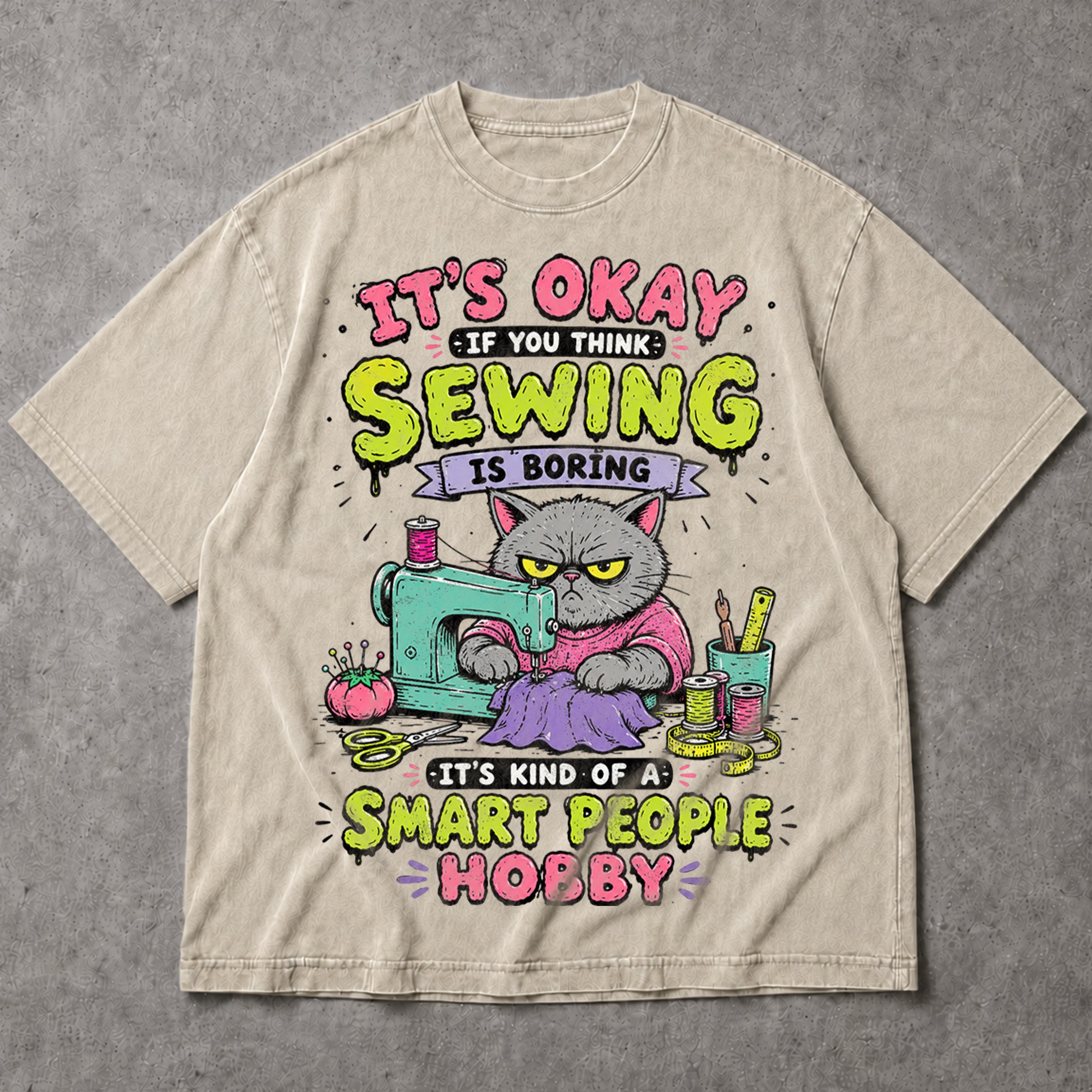 SF_COLOR=sand; SF_ITEM=adult-t-shirt; SF_ROLE=main; Funny Sewing Cat T-Shirt Smart People Hobby Sarcastic Crafter Joke Apparel - Sand Adult T-Shirt product image