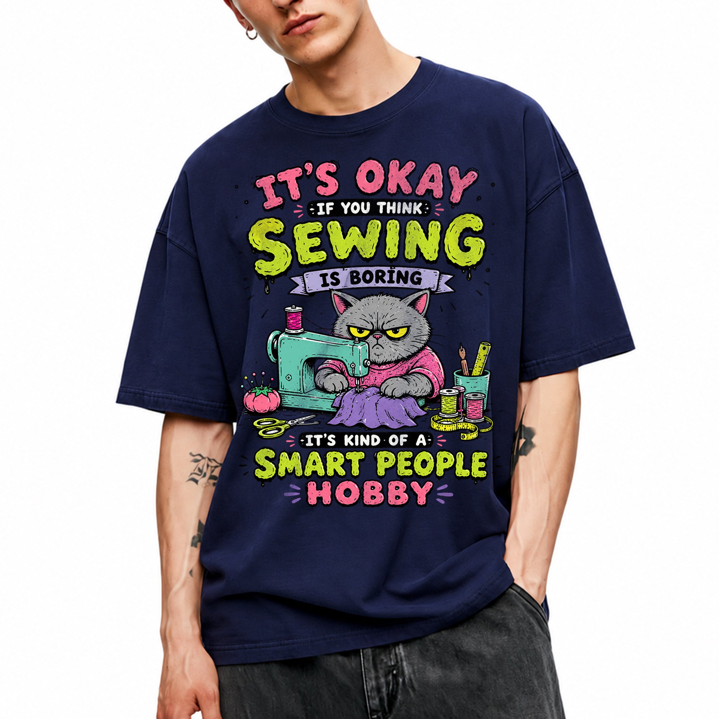 SF_COLOR=navy; SF_ITEM=adult-t-shirt; SF_ROLE=gallery; Funny Sewing Cat T-Shirt Smart People Hobby Sarcastic Crafter Joke Apparel - Navy Adult T-Shirt product image