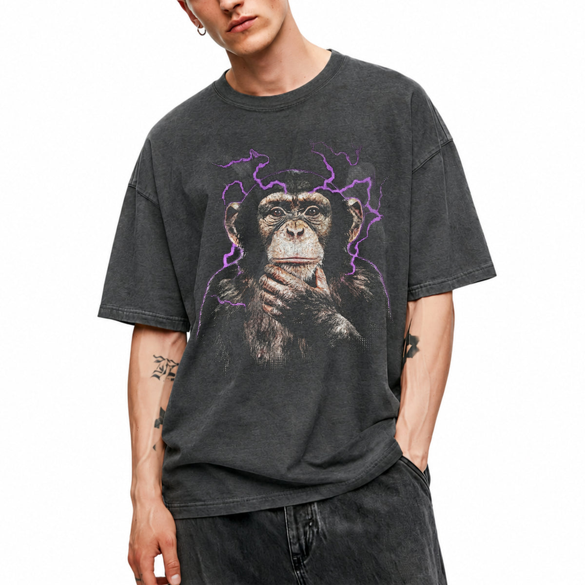 SF_COLOR=dark-heather; SF_ITEM=adult-t-shirt; SF_ROLE=main; Funny Thinking Chimpanzee Lightning Aura T‑Shirt – Vintage Monkey Meme Tee - Dark Heather Adult T-Shirt product image