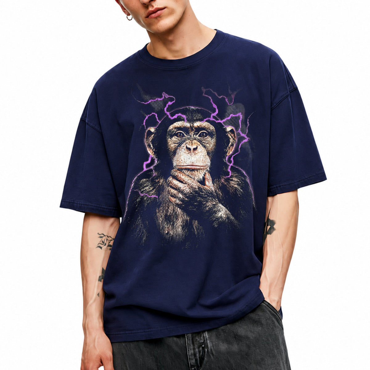 SF_COLOR=navy; SF_ITEM=adult-t-shirt; SF_ROLE=main; Funny Thinking Chimpanzee Lightning Aura T‑Shirt – Vintage Monkey Meme Tee - Navy Adult T-Shirt product image