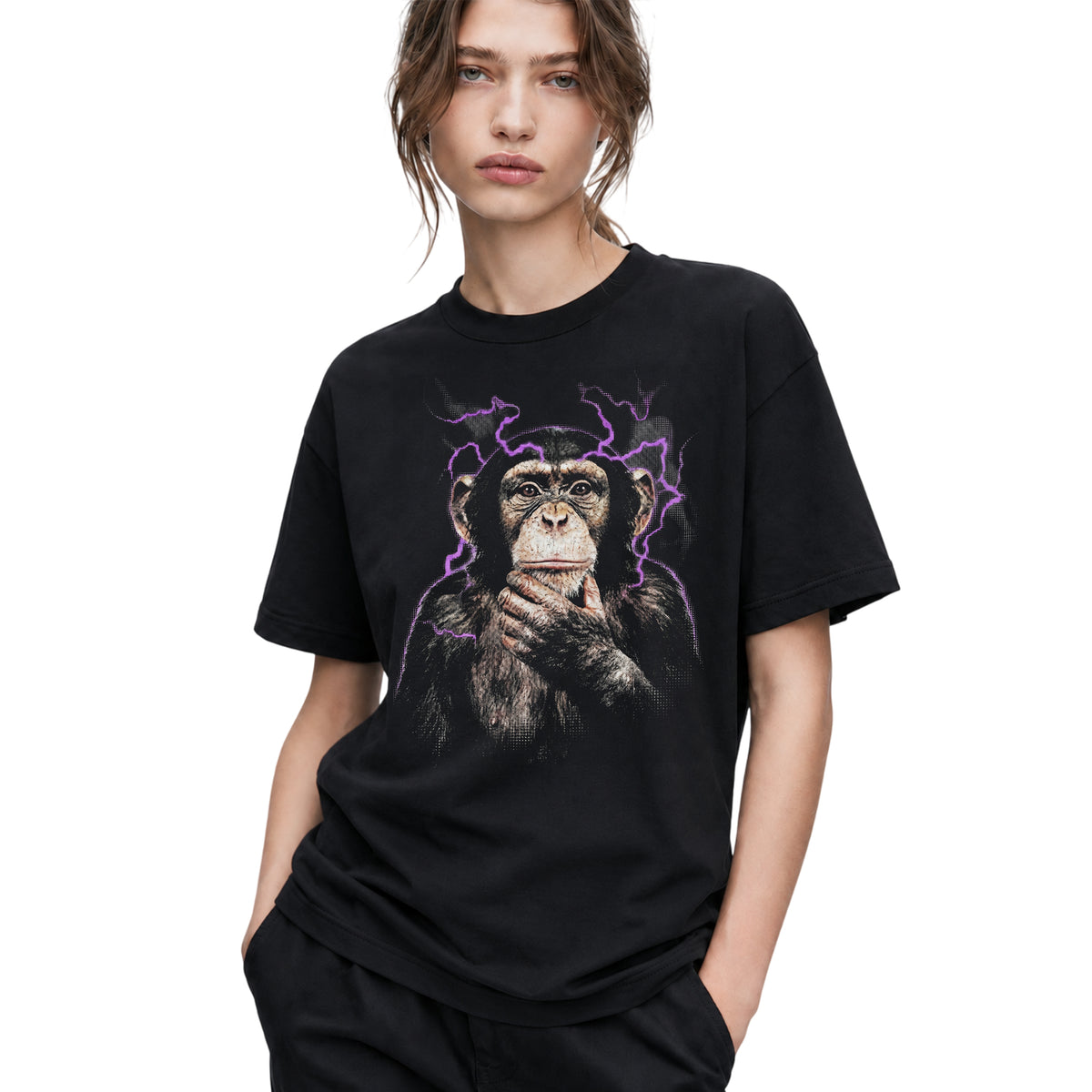SF_COLOR=black; SF_ITEM=adult-t-shirt; SF_ROLE=gallery; Funny Thinking Chimpanzee Lightning Aura T‑Shirt – Vintage Monkey Meme Tee - Black Adult T-Shirt product image