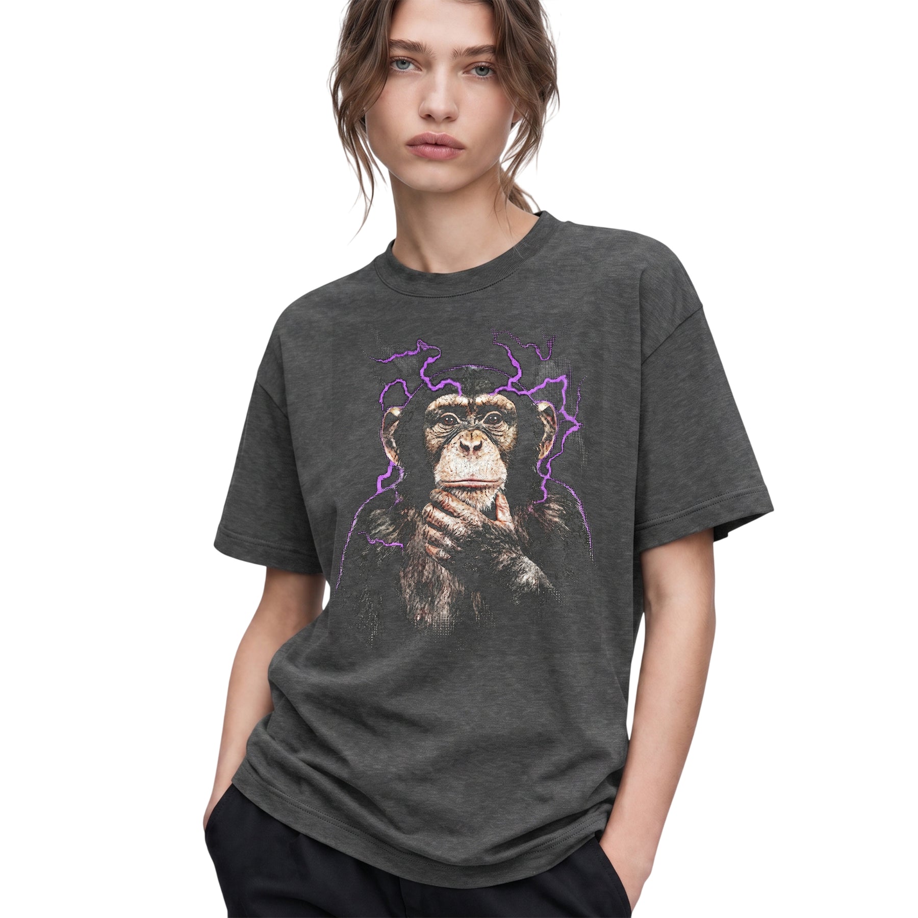 SF_COLOR=dark-heather; SF_ITEM=adult-t-shirt; SF_ROLE=gallery; Funny Thinking Chimpanzee Lightning Aura T‑Shirt – Vintage Monkey Meme Tee - Dark Heather Adult T-Shirt product image