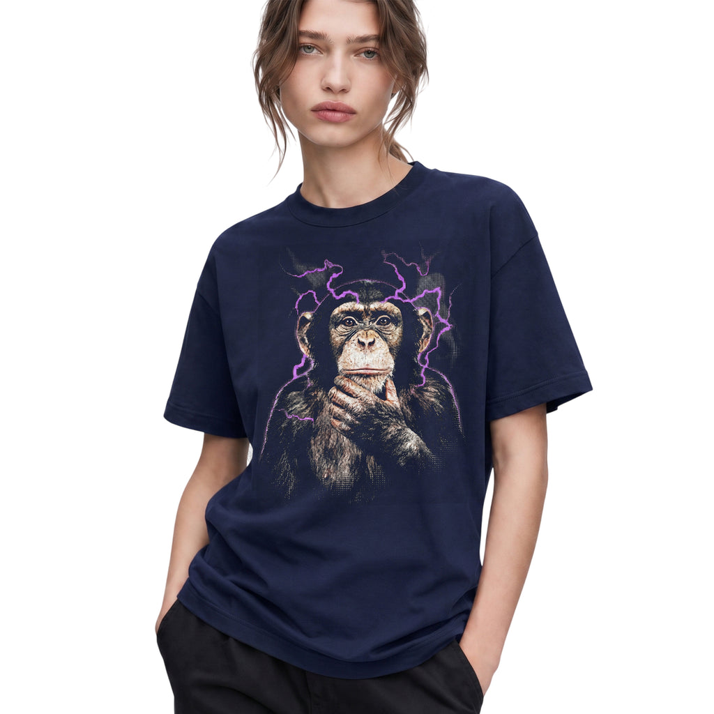 SF_COLOR=navy; SF_ITEM=adult-t-shirt; SF_ROLE=gallery; Funny Thinking Chimpanzee Lightning Aura T‑Shirt – Vintage Monkey Meme Tee - Navy Adult T-Shirt product image
