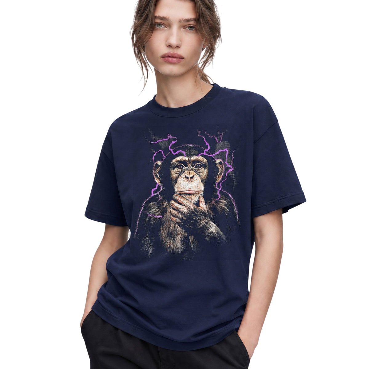 SF_COLOR=navy; SF_ITEM=adult-t-shirt; SF_ROLE=gallery; Funny Thinking Chimpanzee Lightning Aura T‑Shirt – Vintage Monkey Meme Tee - Navy Adult T-Shirt product image