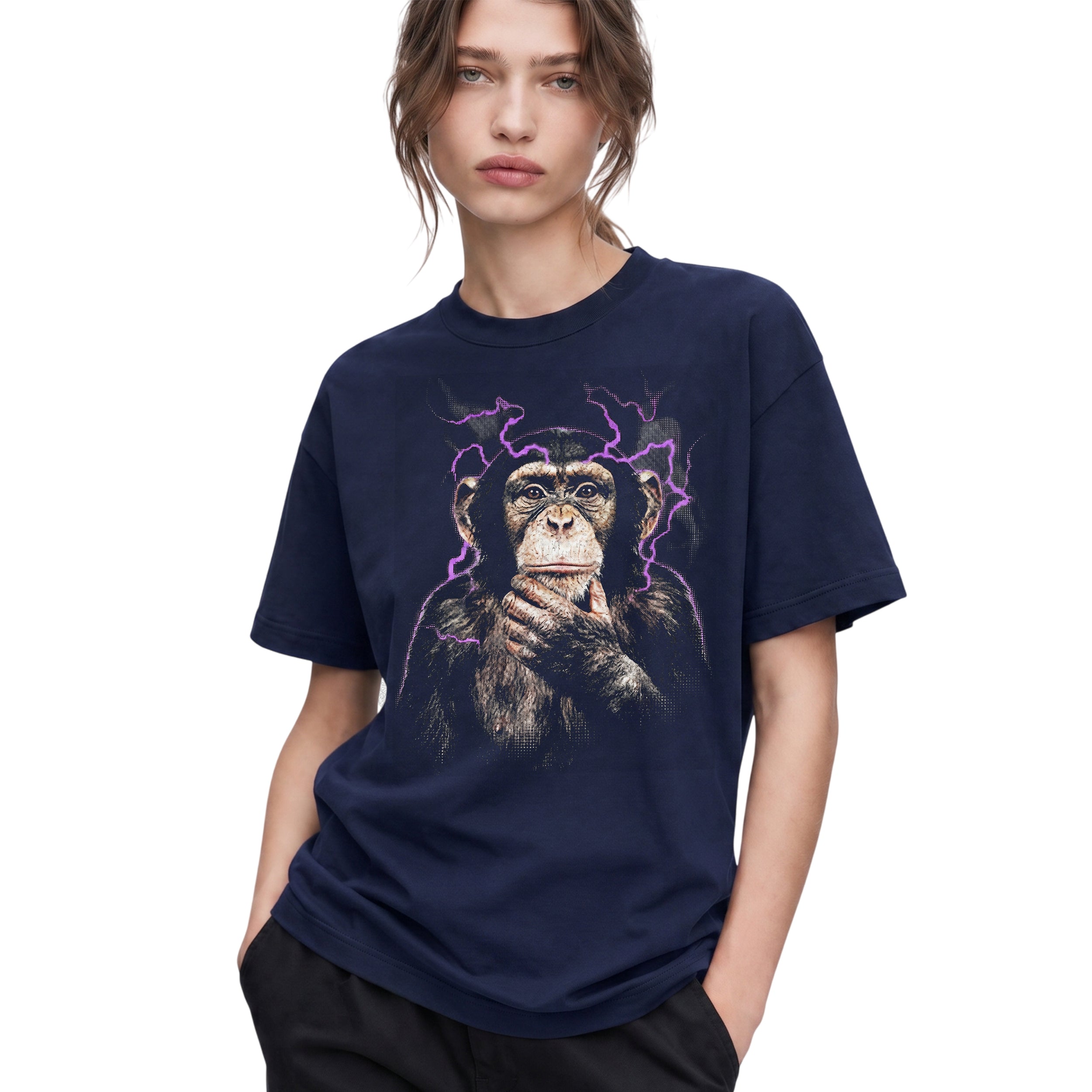 SF_COLOR=navy; SF_ITEM=adult-t-shirt; SF_ROLE=gallery; Funny Thinking Chimpanzee Lightning Aura T‑Shirt – Vintage Monkey Meme Tee - Navy Adult T-Shirt product image