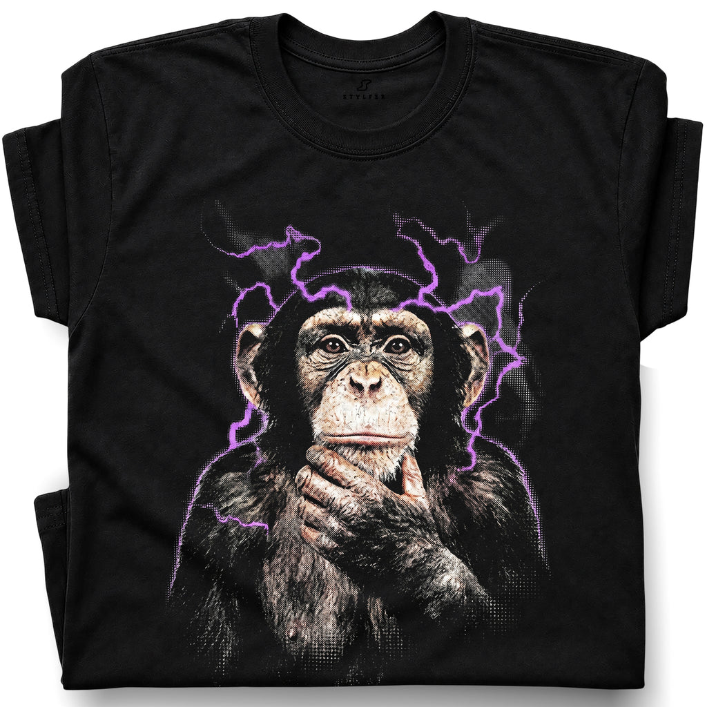SF_COLOR=black; SF_ITEM=adult-t-shirt; SF_ROLE=gallery; Funny Thinking Chimpanzee Lightning Aura T‑Shirt – Vintage Monkey Meme Tee - Black Adult T-Shirt product image