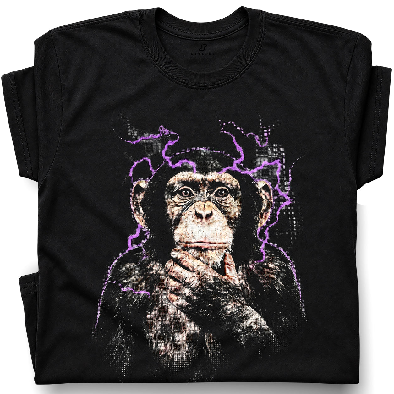 SF_COLOR=black; SF_ITEM=adult-t-shirt; SF_ROLE=gallery; Funny Thinking Chimpanzee Lightning Aura T‑Shirt – Vintage Monkey Meme Tee - Black Adult T-Shirt product image