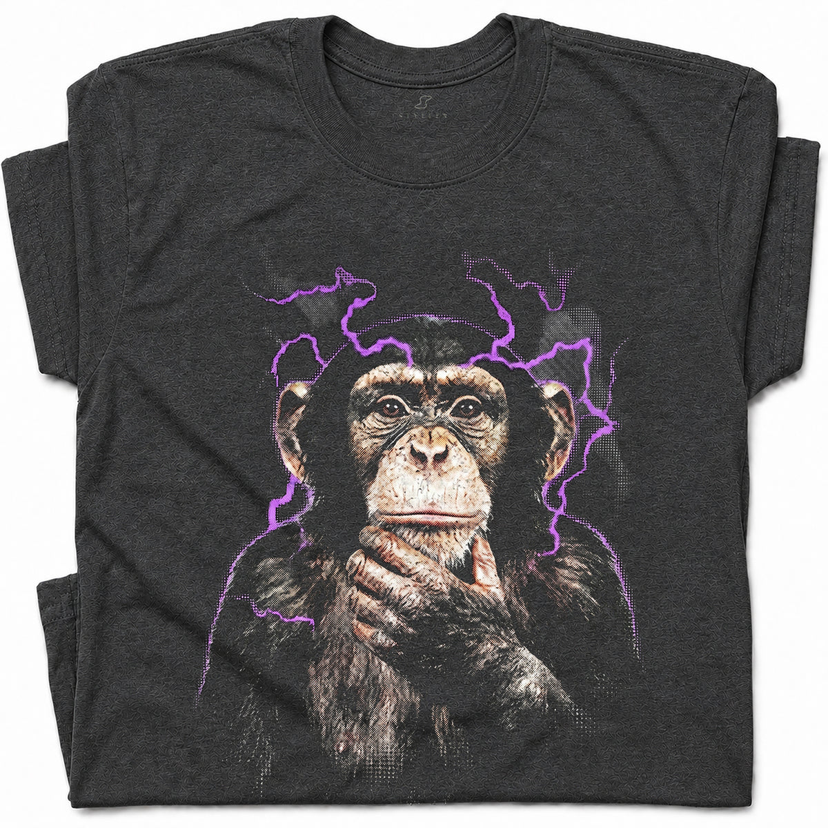 SF_COLOR=dark-heather; SF_ITEM=adult-t-shirt; SF_ROLE=gallery; Funny Thinking Chimpanzee Lightning Aura T‑Shirt – Vintage Monkey Meme Tee - Dark Heather Adult T-Shirt product image