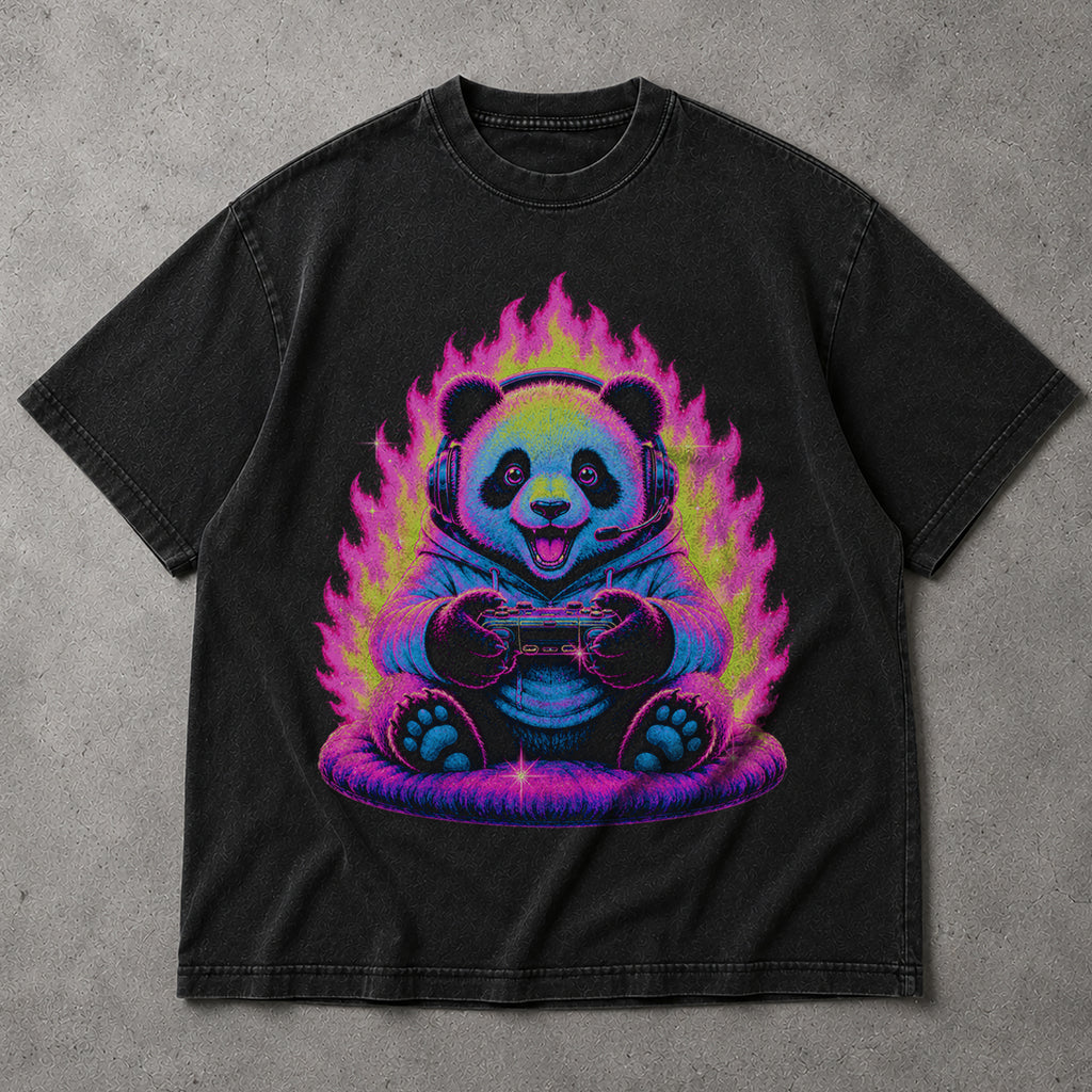 SF_COLOR=black; SF_ITEM=adult-t-shirt; SF_ROLE=main; Gamer Panda T-Shirt Neon Fire Headphones Video Game Controller Kawaii Anime Tee - Black Adult T-Shirt product image