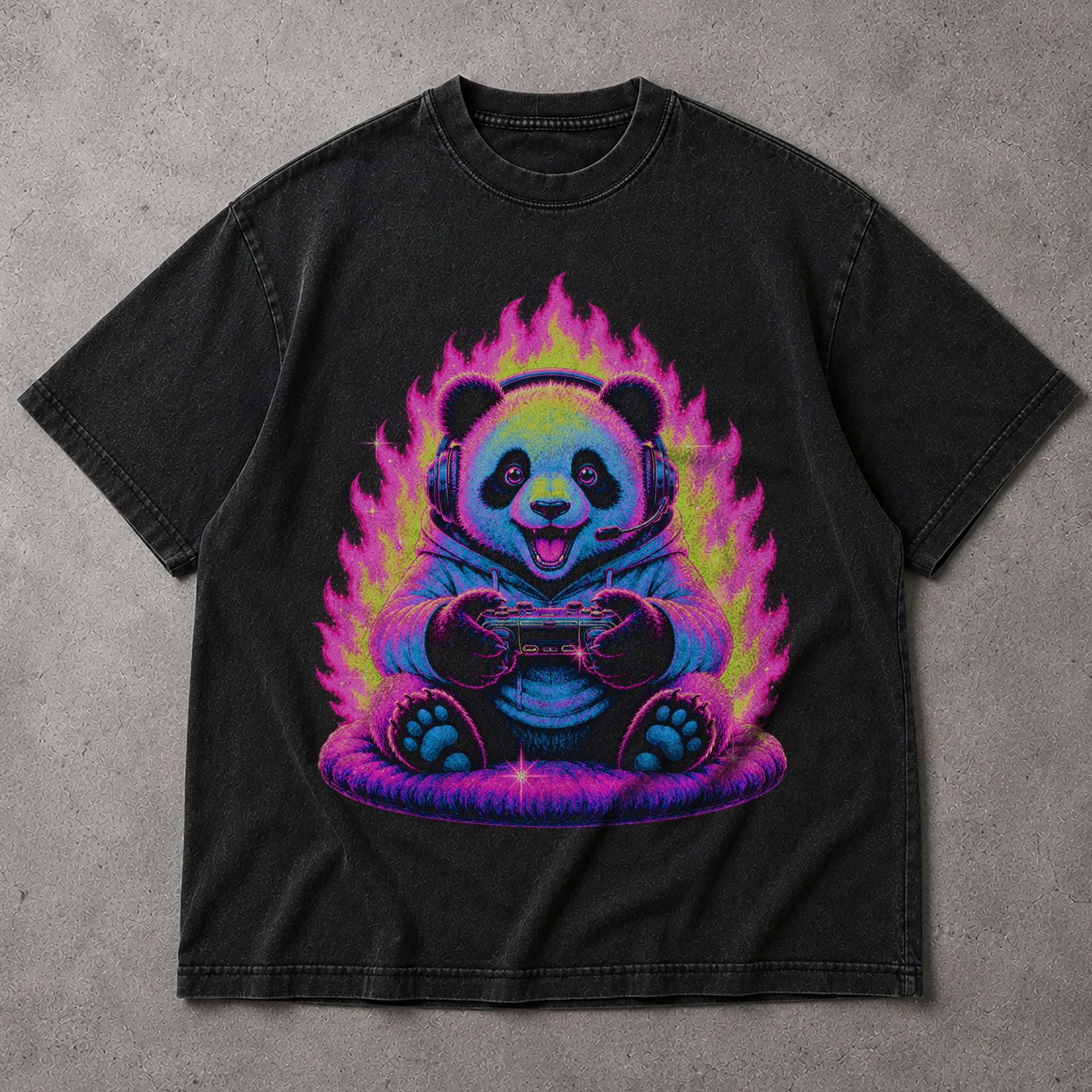 SF_COLOR=black; SF_ITEM=adult-t-shirt; SF_ROLE=main; Gamer Panda T-Shirt Neon Fire Headphones Video Game Controller Kawaii Anime Tee - Black Adult T-Shirt product image