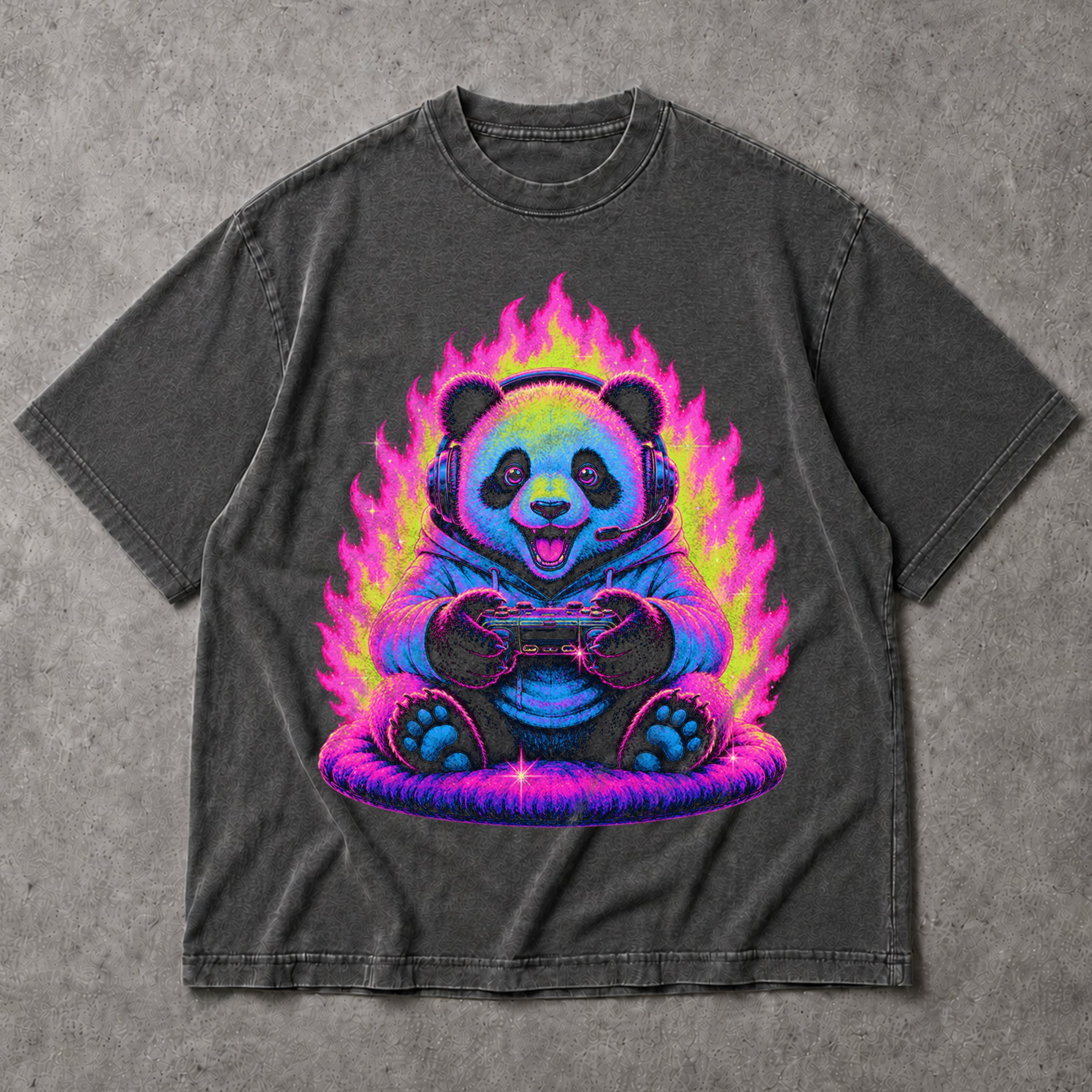 SF_COLOR=dark-heather; SF_ITEM=adult-t-shirt; SF_ROLE=main; Gamer Panda T-Shirt Neon Fire Headphones Video Game Controller Kawaii Anime Tee - Dark Heather Adult T-Shirt product image