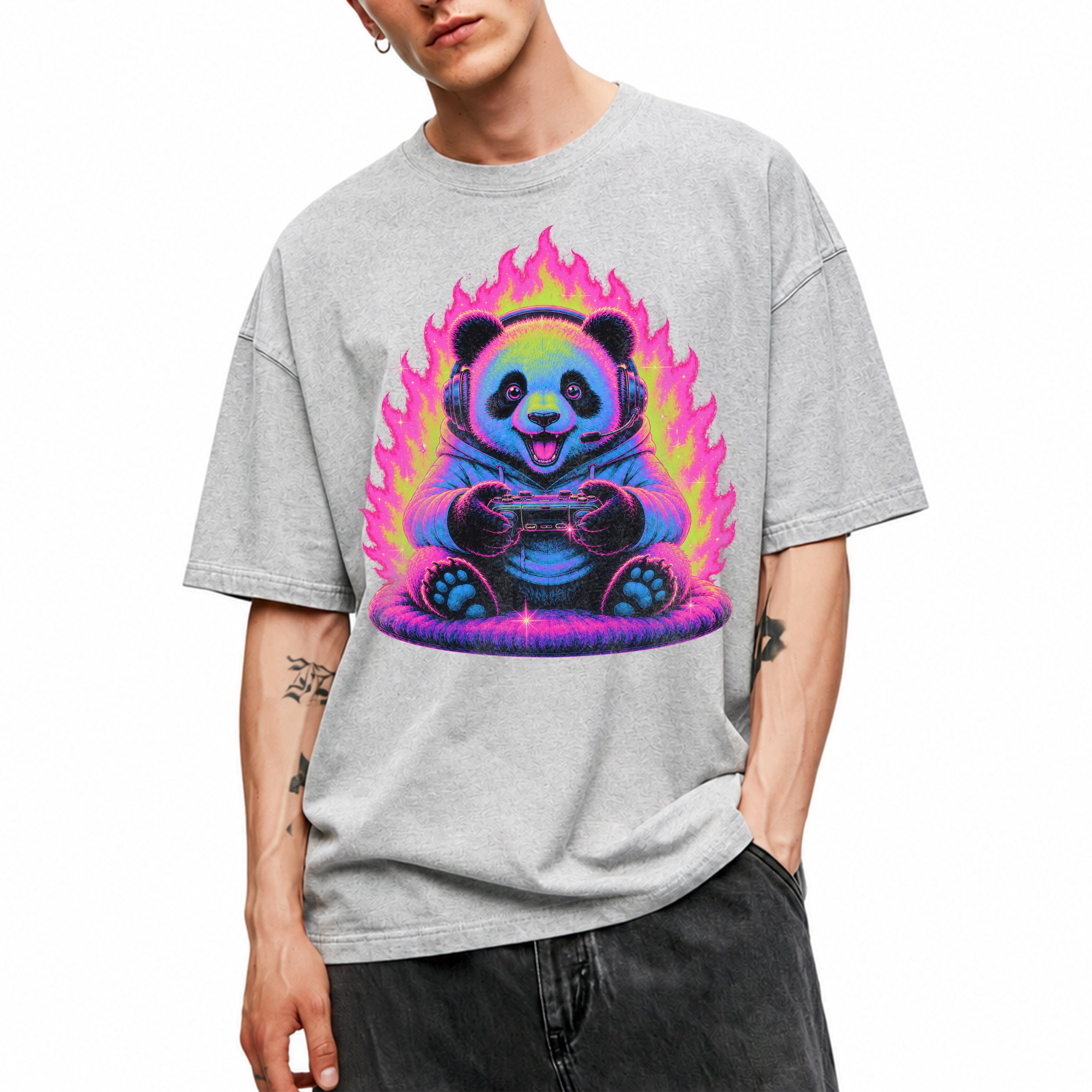 SF_COLOR=sport-grey; SF_ITEM=adult-t-shirt; SF_ROLE=gallery; Gamer Panda T-Shirt Neon Fire Headphones Video Game Controller Kawaii Anime Tee - Sport Grey Adult T-Shirt product image
